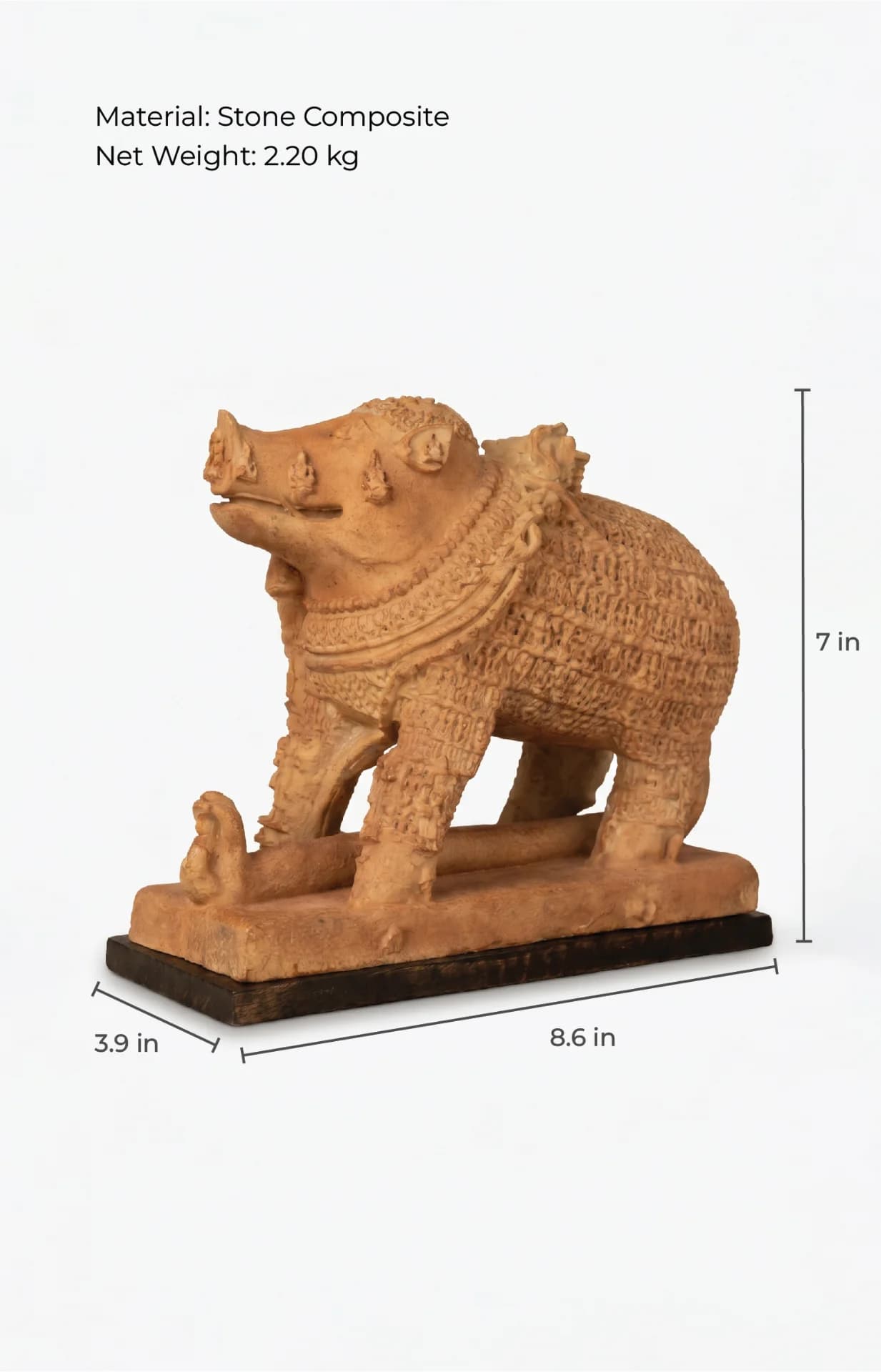 A stone composite Adi Varaha Sculpture showing the side profile with technical dimensions and weight specifications displayed.