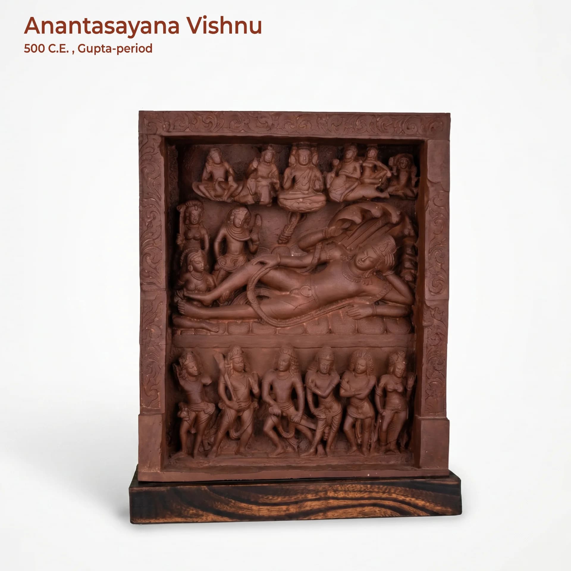A front view of the Anantasayana Vishnu Sculpture, a detailed stone-finish replica depicting the deity reclining on Shesha.