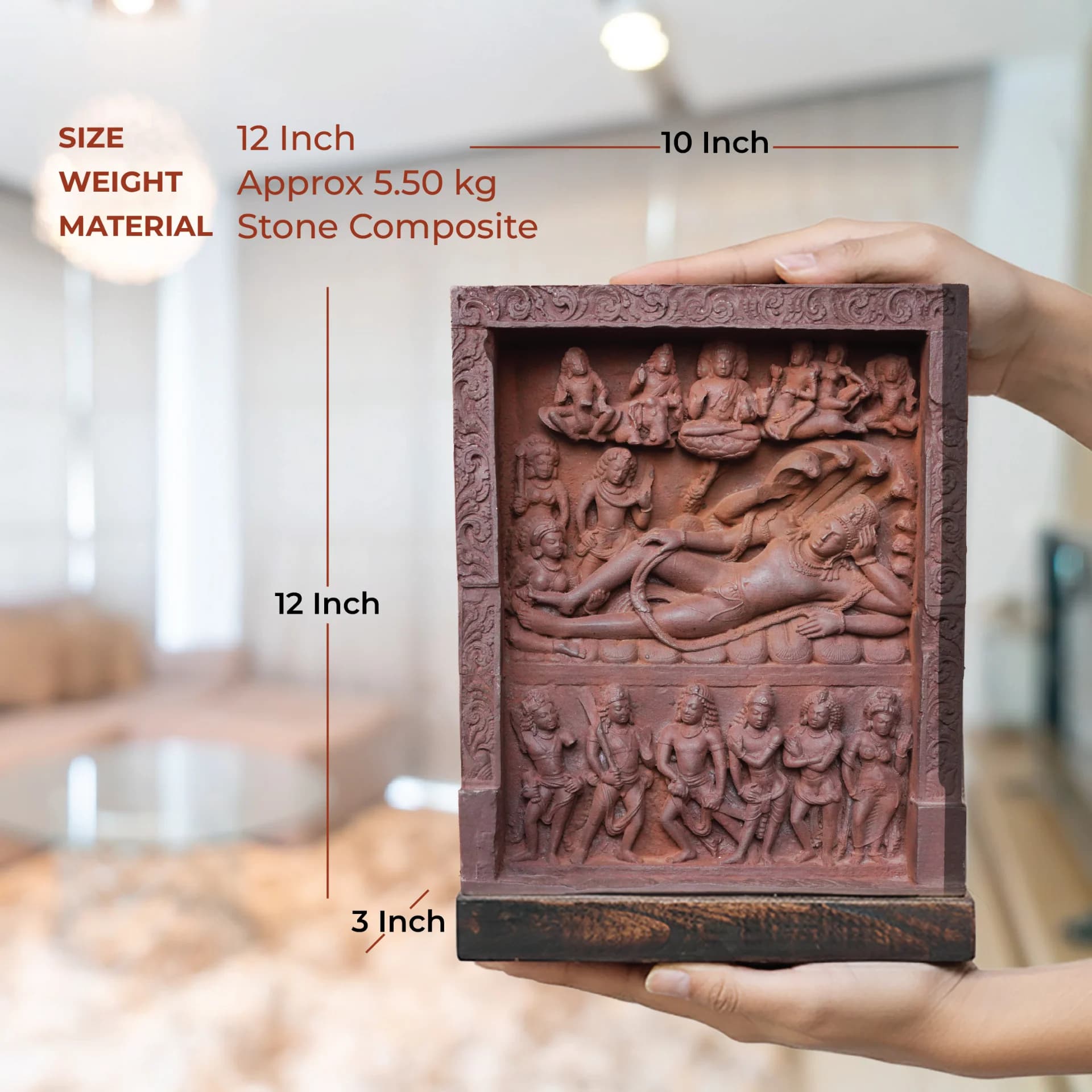 Hands holding a stone composite Anantasayana Vishnu Sculpture, displaying the detailed relief carving and physical dimensions of the piece.