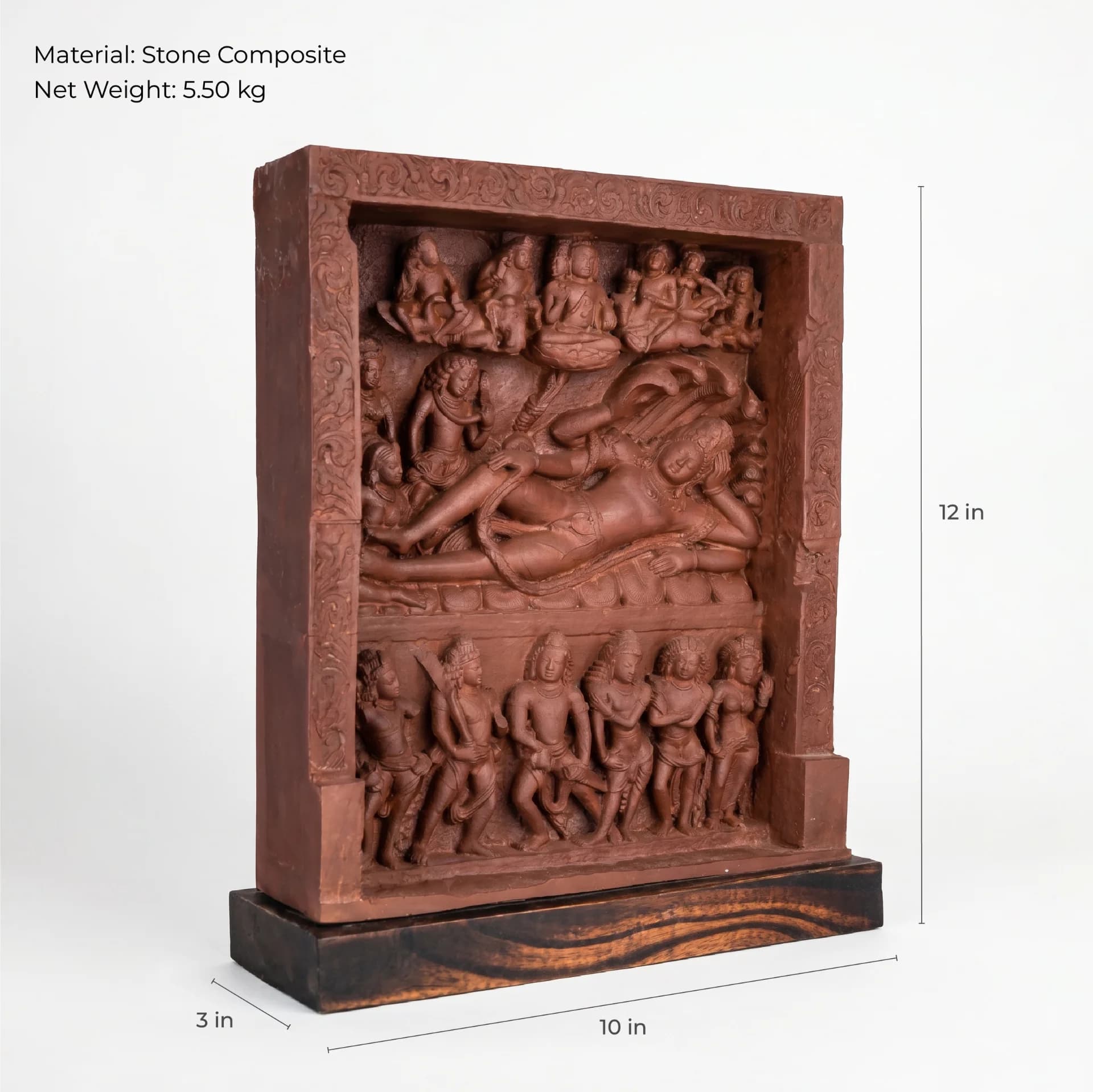 A three-quarter view of the Anantasayana Vishnu Sculpture, a detailed stone composite replica featuring intricate Gupta-era relief carvings.