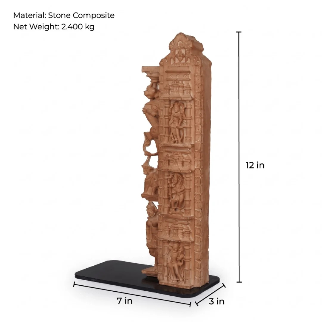 A side profile view of the Dwara Shakha Sculpture stone composite replica showing intricate architectural carvings and dimensions.