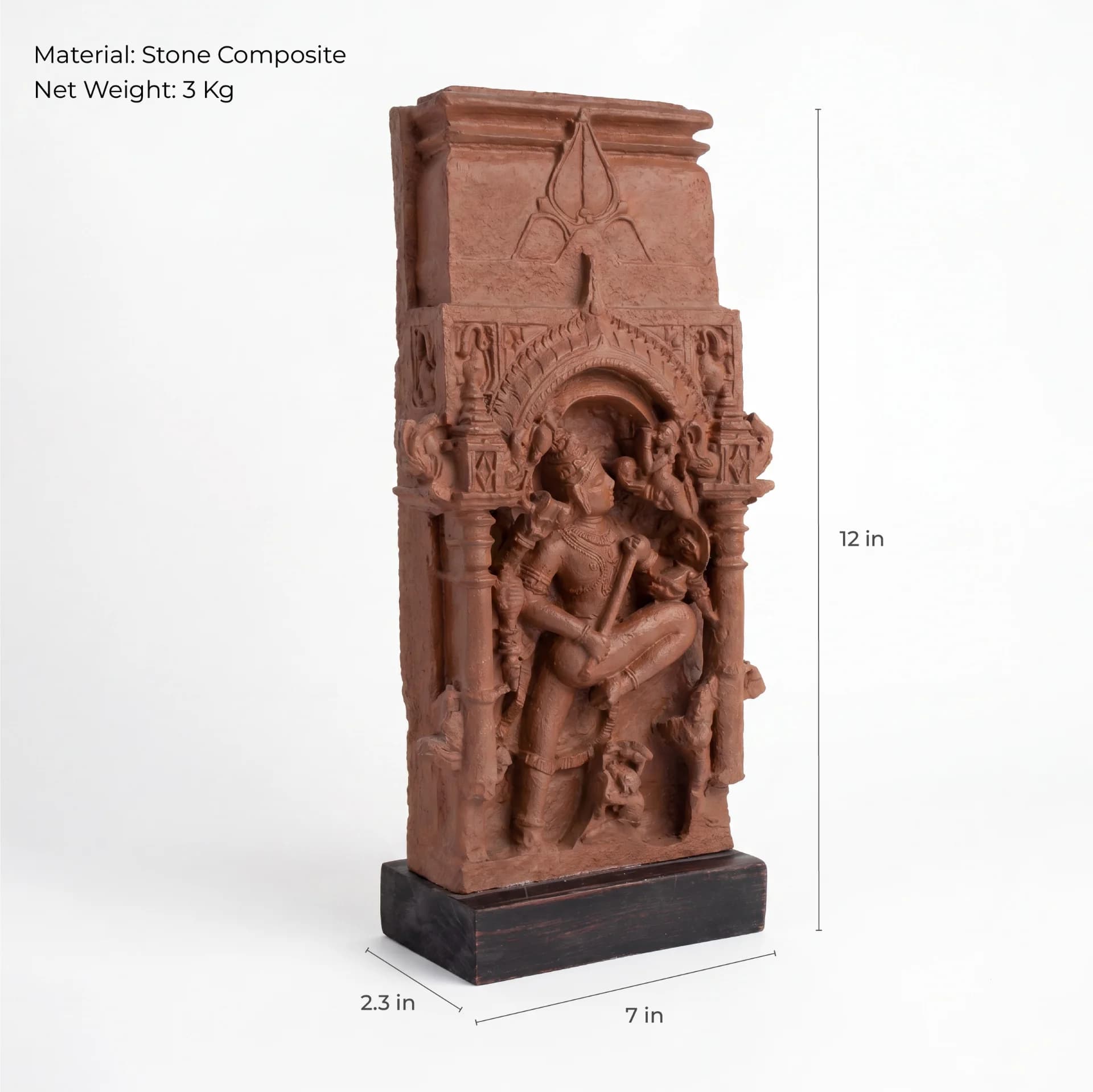 A three-quarter view of the Gajasura Vadha Sculpture, a stone composite temple relief replica showing detailed measurements.