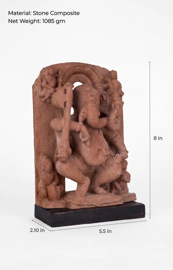 A three-quarter view of the Ganesha Sculpture stone composite replica, showing its detailed carvings and physical dimensions.