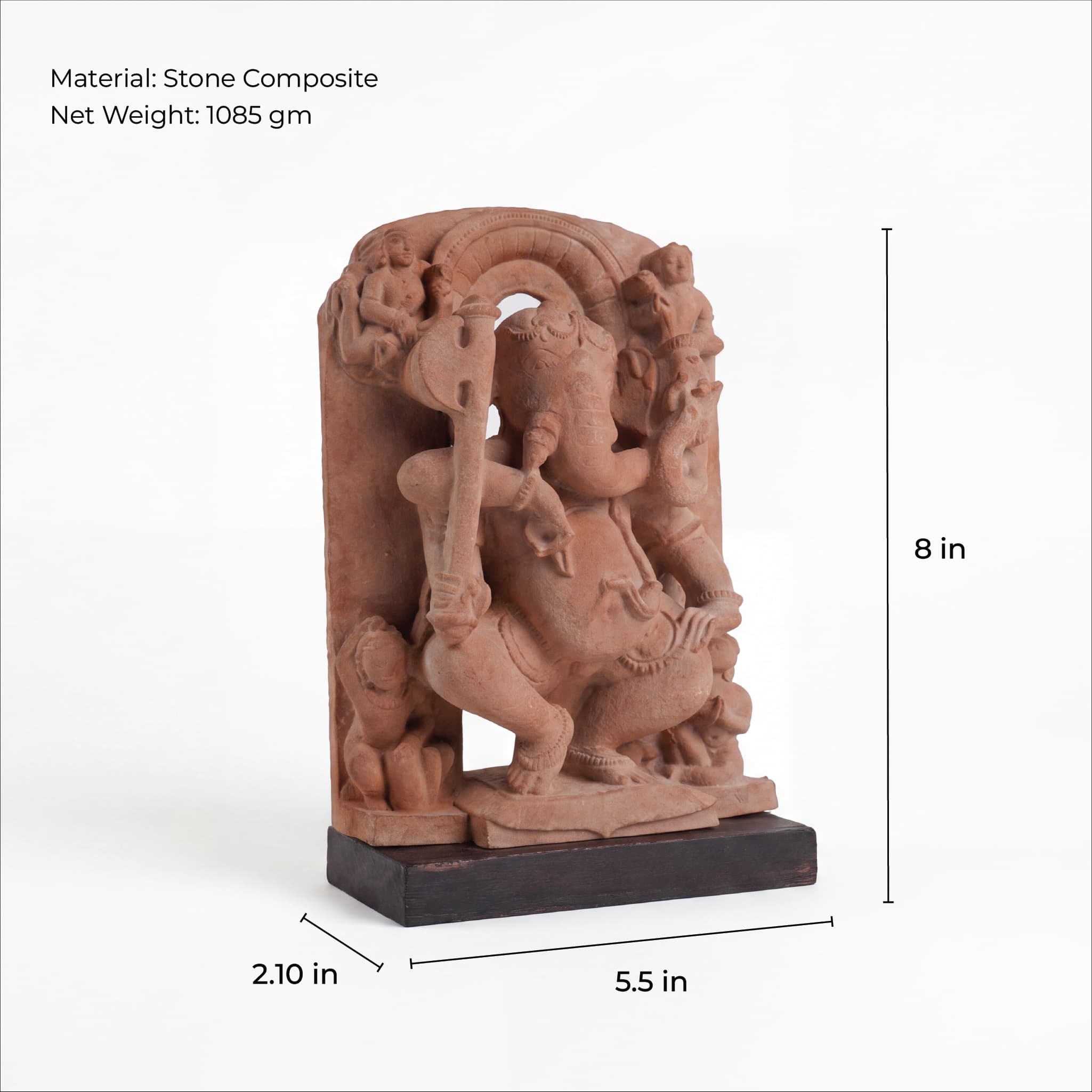 A three-quarter view of the Ganesha Sculpture, a stone composite replica showing detailed temple art with measurement lines.