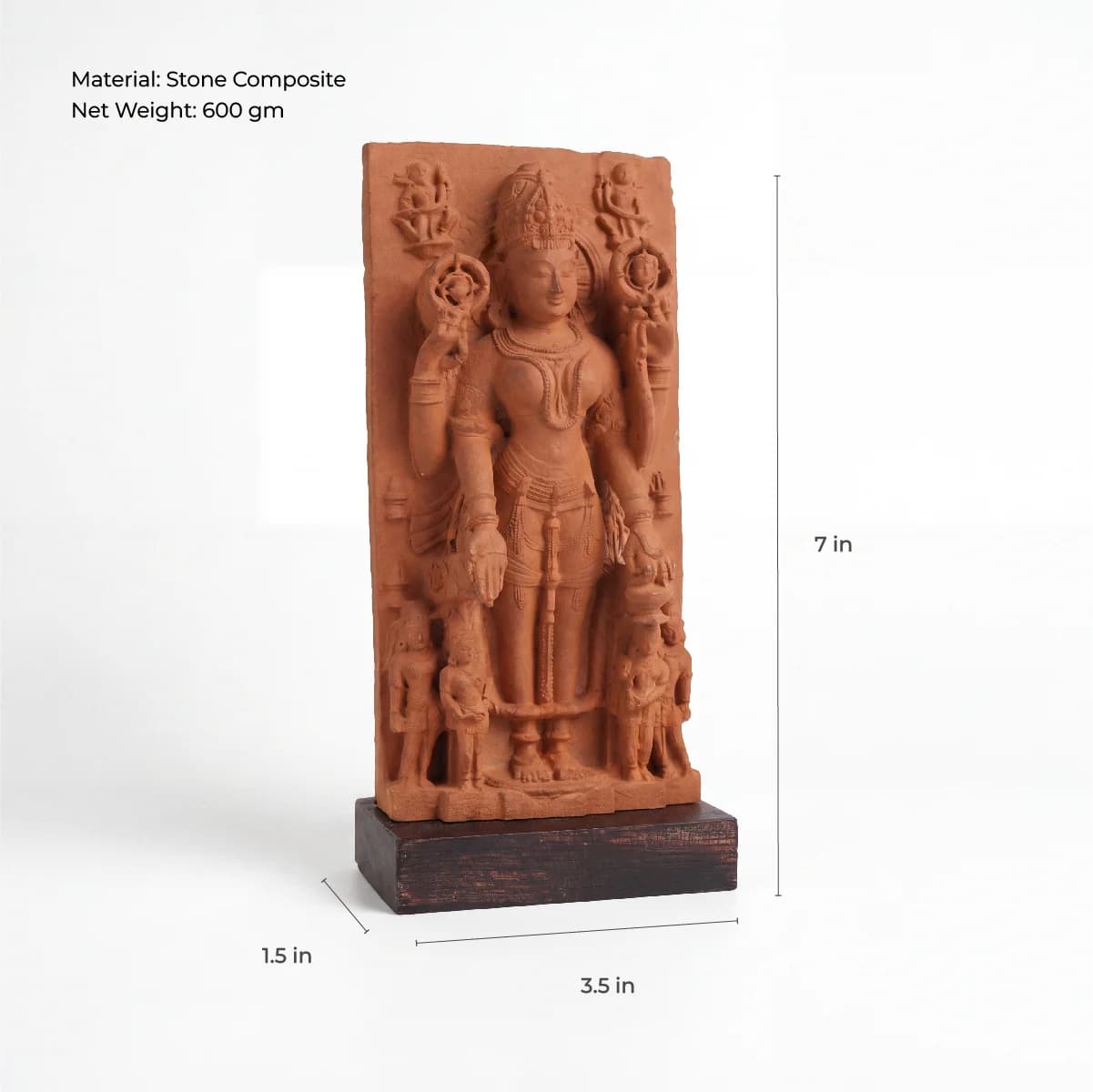 A front view of the Gauri Parvati Sculpture, a stone composite museum replica showing dimensions and scale.