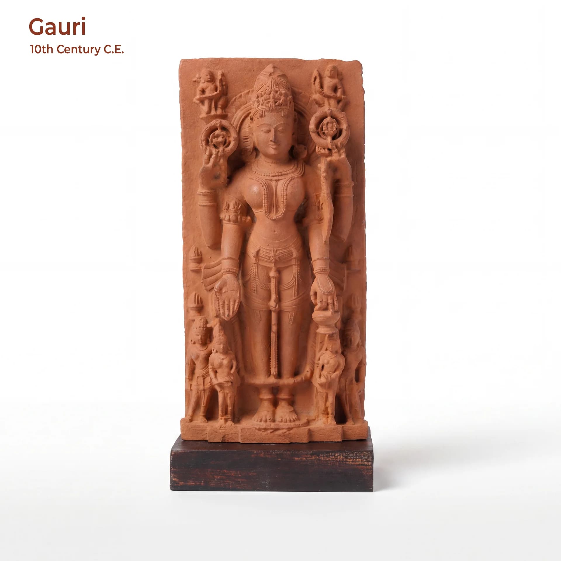 A full front view of the Gauri Parvati Sculpture, a hand-finished stone composite replica featuring intricate temple art details.