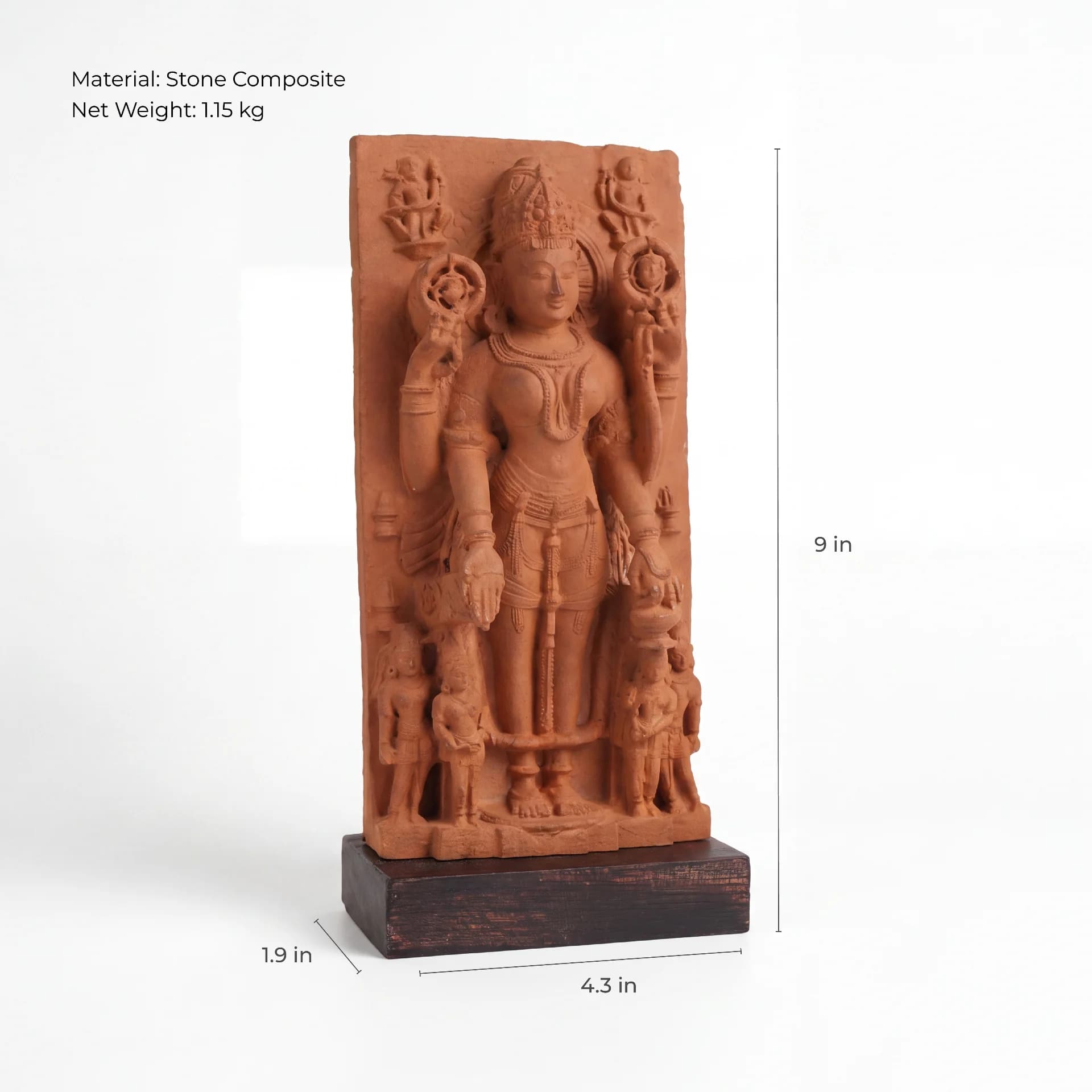 A three-quarter view of the Gauri Parvati Sculpture, a stone composite museum replica showing detailed dimensions and measurements.