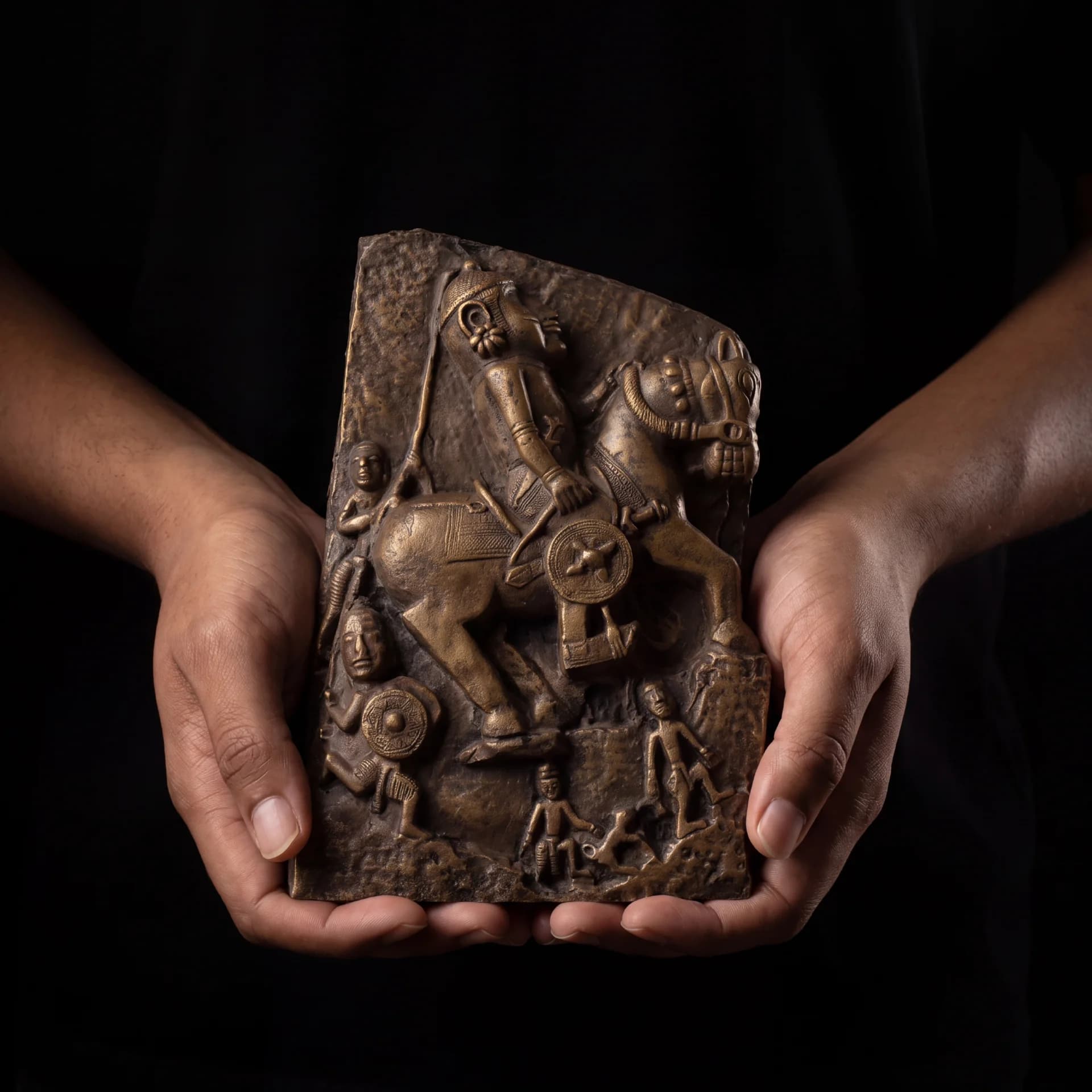 A pair of hands holds the Goud Yoddha bronze relief, showcasing the intricate stone-carved texture and warrior horseman motif.