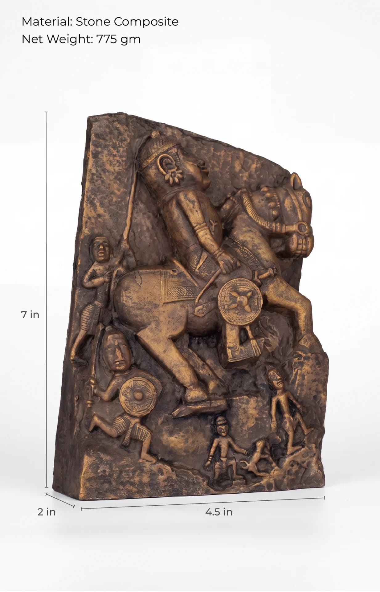 The Goud Yoddha stone composite sculpture showing a mounted warrior with attendants, displayed with height and width dimension markers.