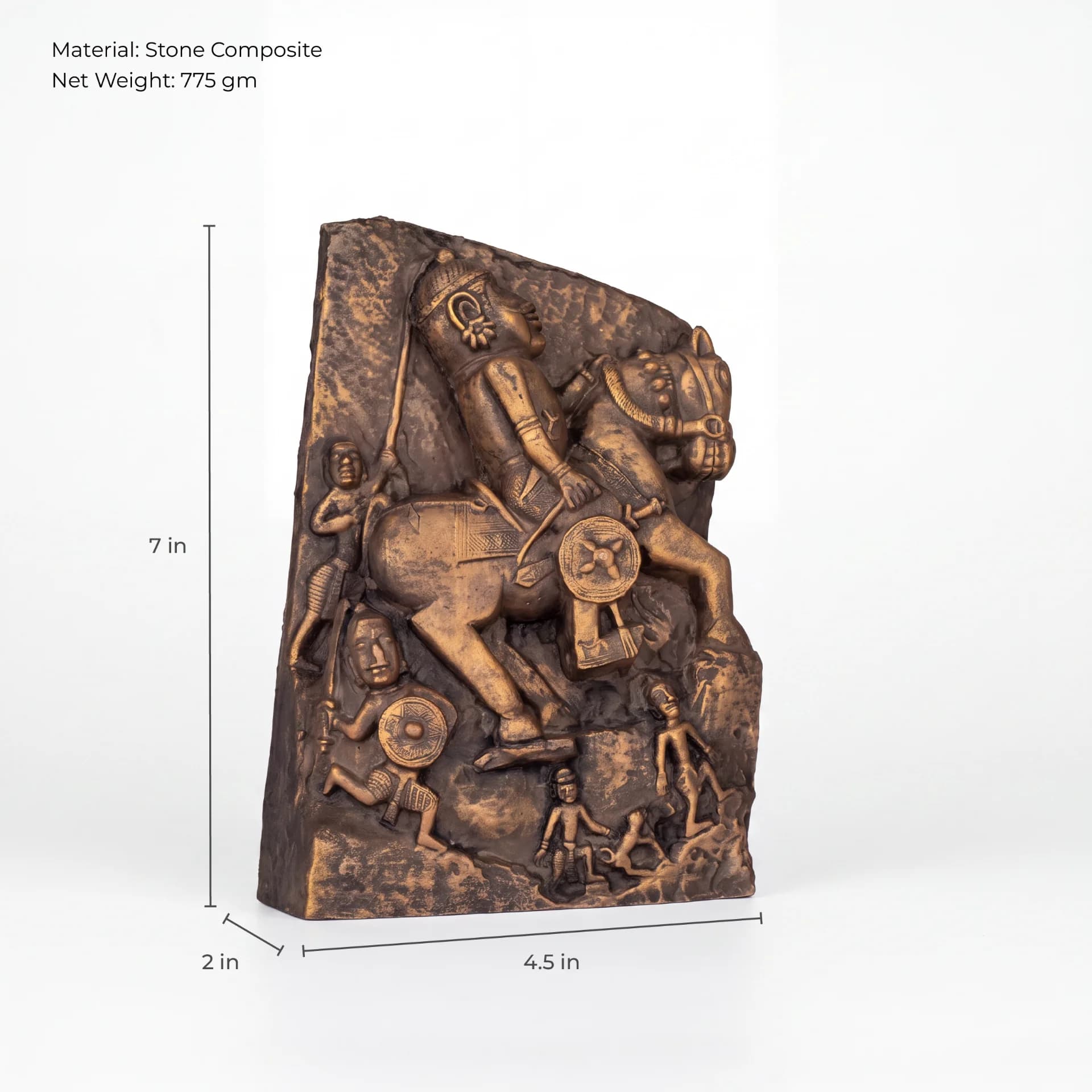 A three-quarter view of the Goud Yoddha stone composite sculpture showing a mounted warrior with attendants in relief.
