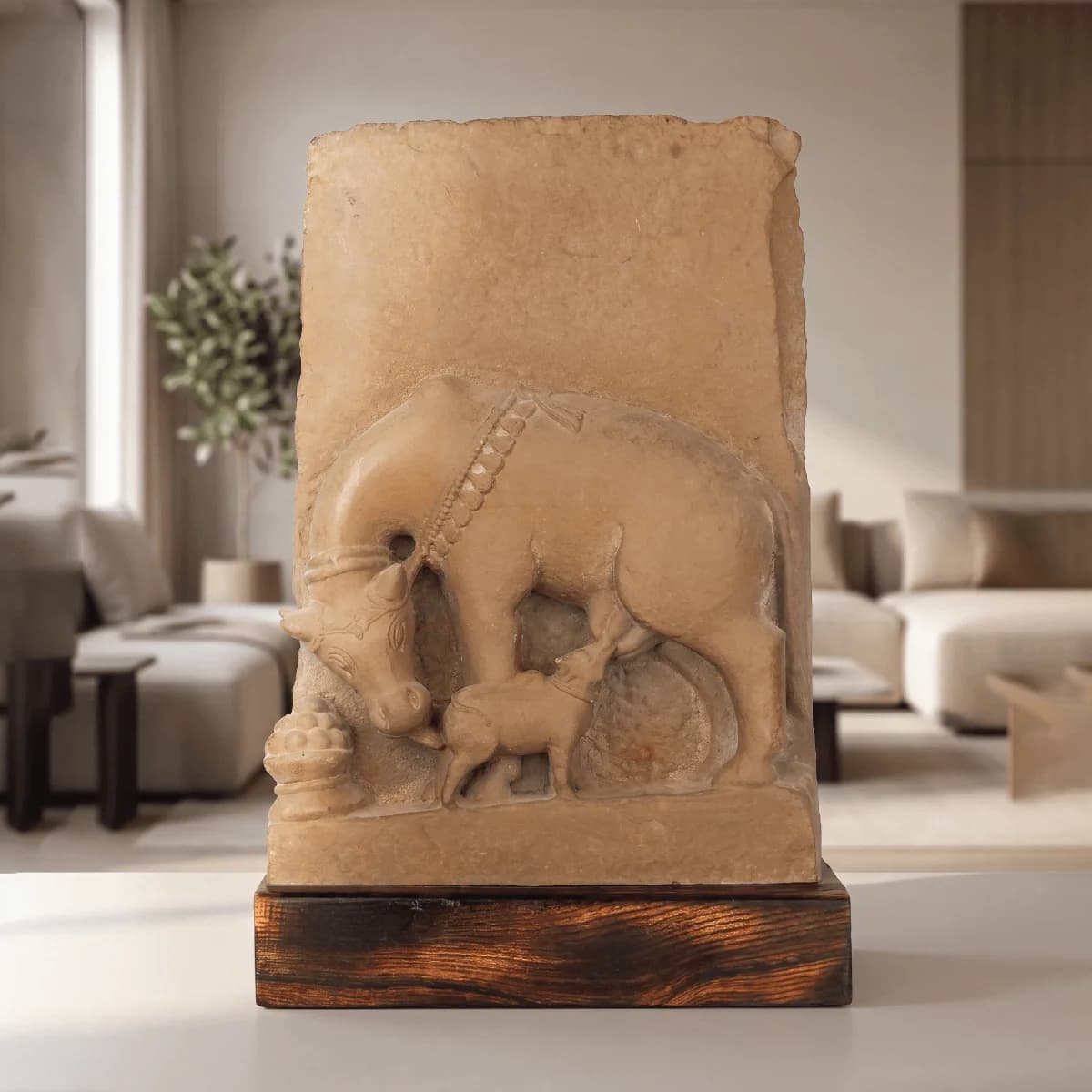A front-facing view of the Kamdhenu Sculpture, a stone composite museum replica of a cow nursing her calf.
