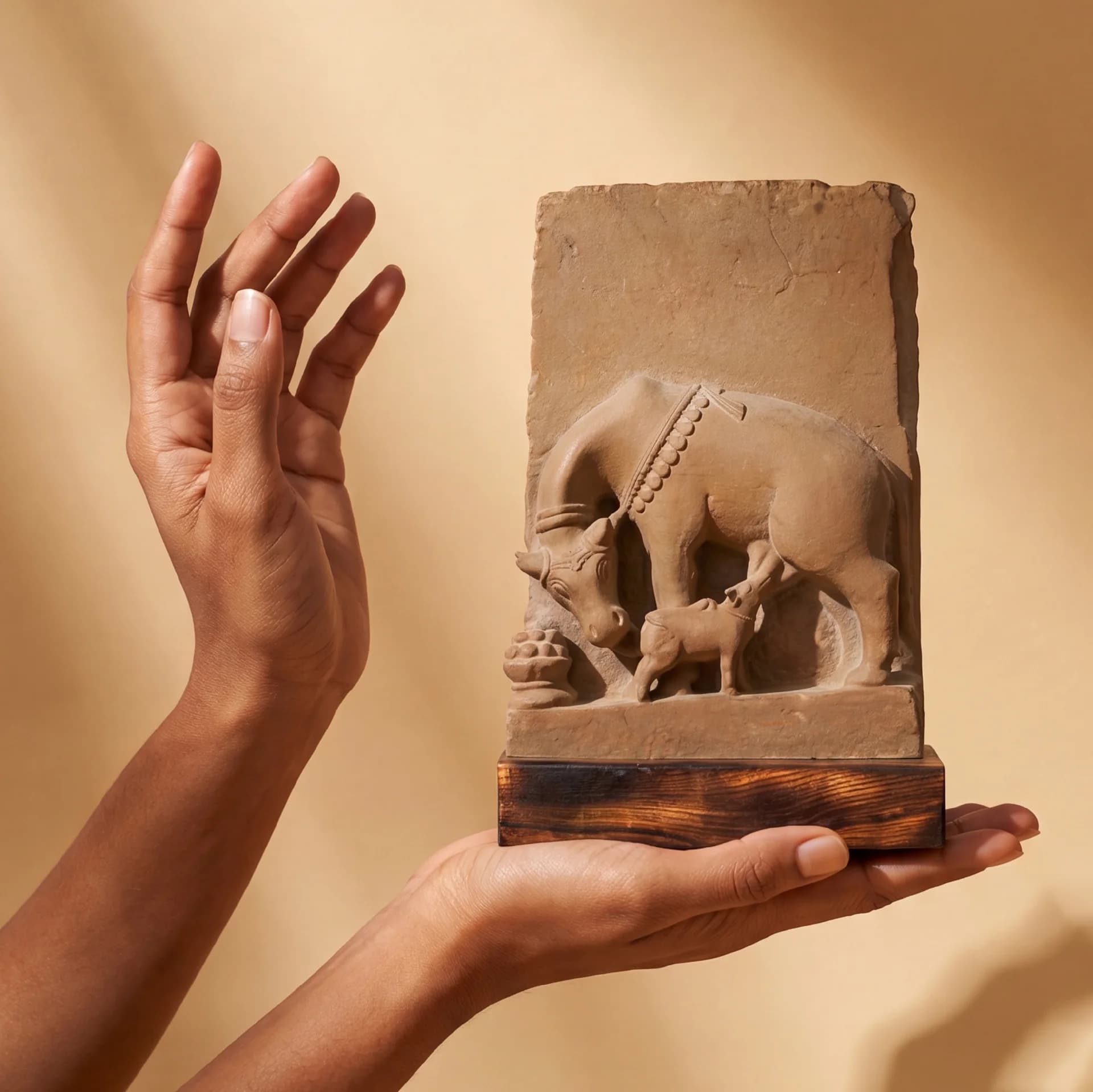 A pair of hands holds a stone composite Kamdhenu Sculpture, showcasing the detailed relief of the sacred cow and calf.