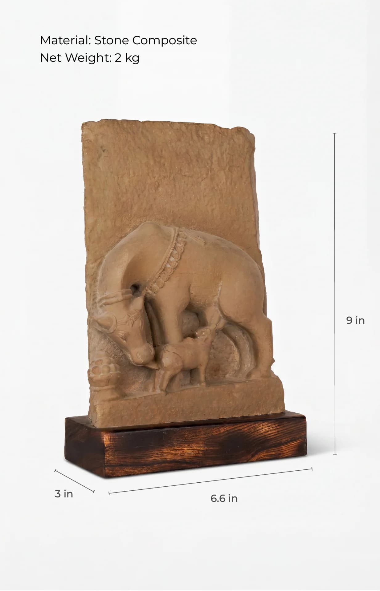 A three-quarter view of the Kamdhenu Sculpture stone composite replica, showing its height and width measurements on a wooden base.