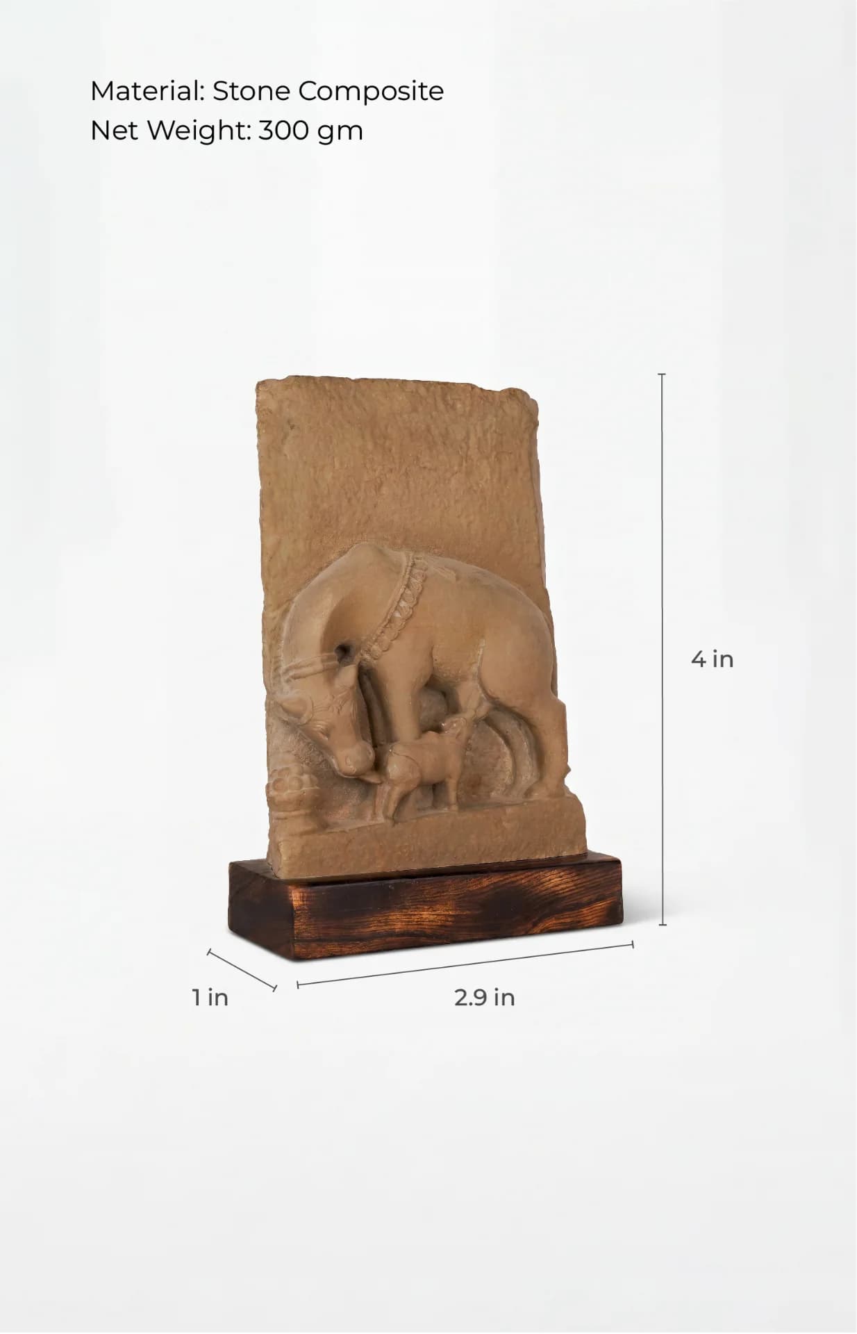 A three-quarter view of the Kamdhenu Sculpture museum replica, showing its stone composite texture and annotated physical dimensions.