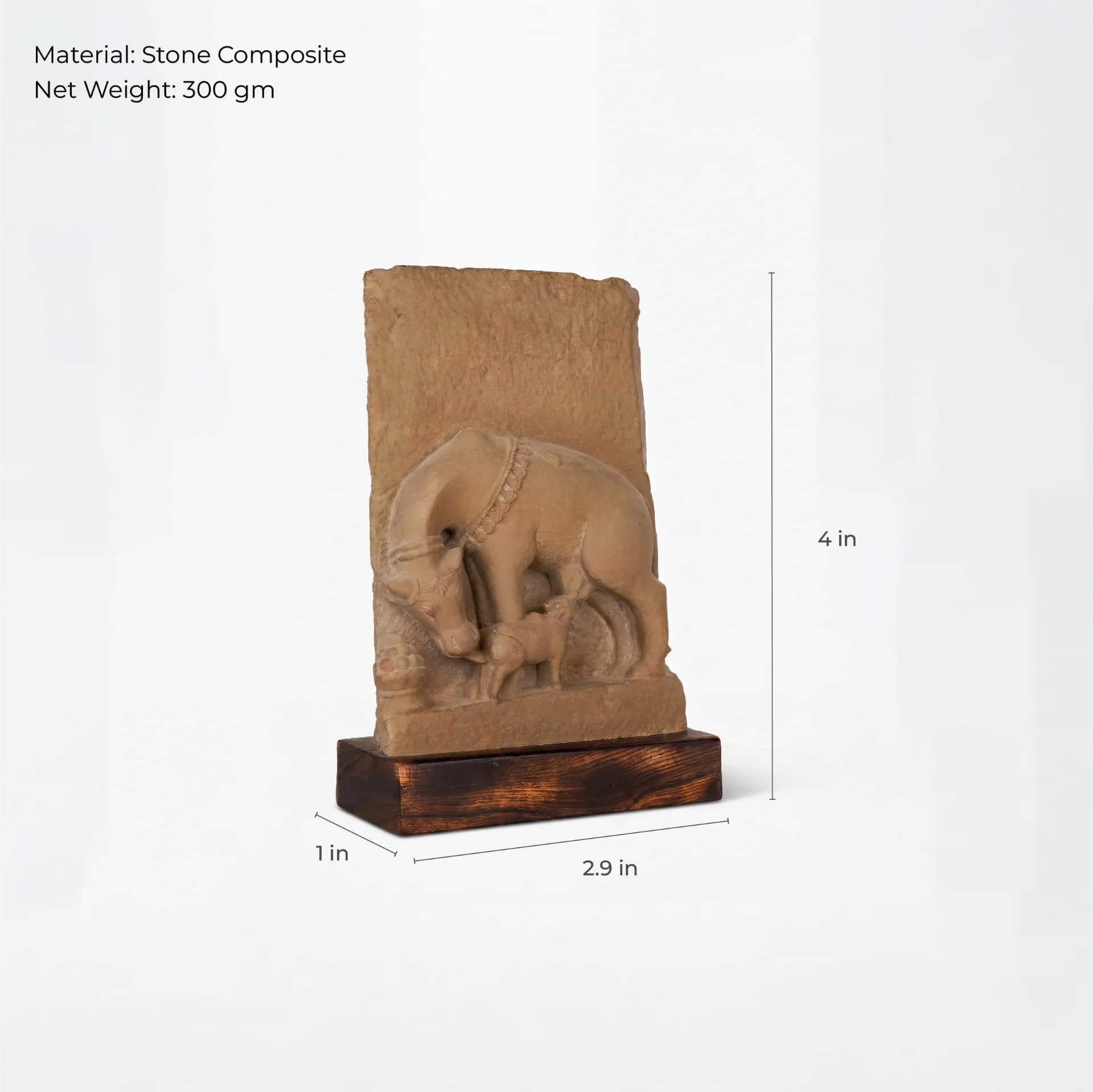 A three-quarter view of the Kamdhenu Sculpture, a stone composite museum replica showing dimensions for height, width, and depth.