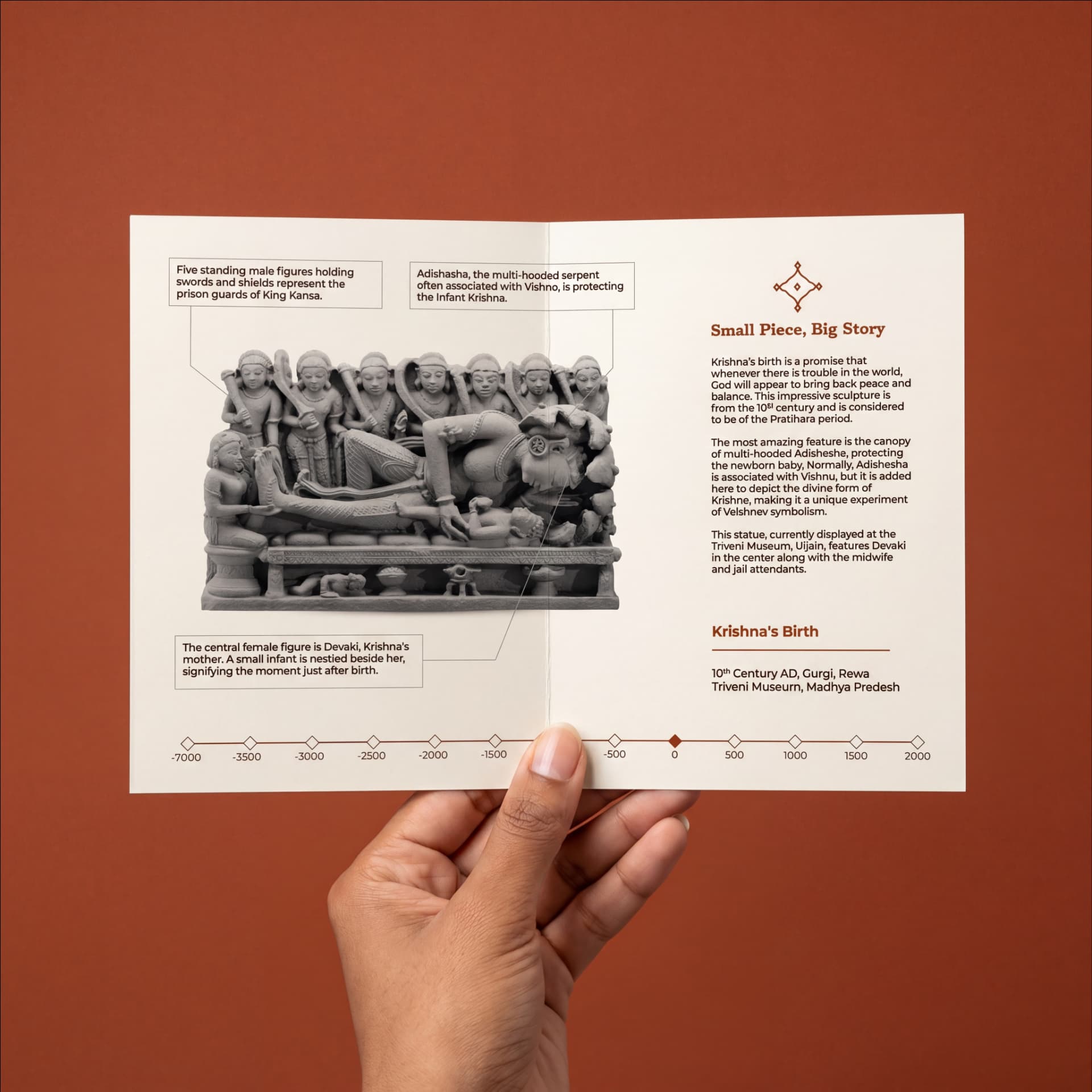 A hand holds an open brochure featuring a detailed Krishna's Birth Sculpture museum-grade replica with informative historical annotations.