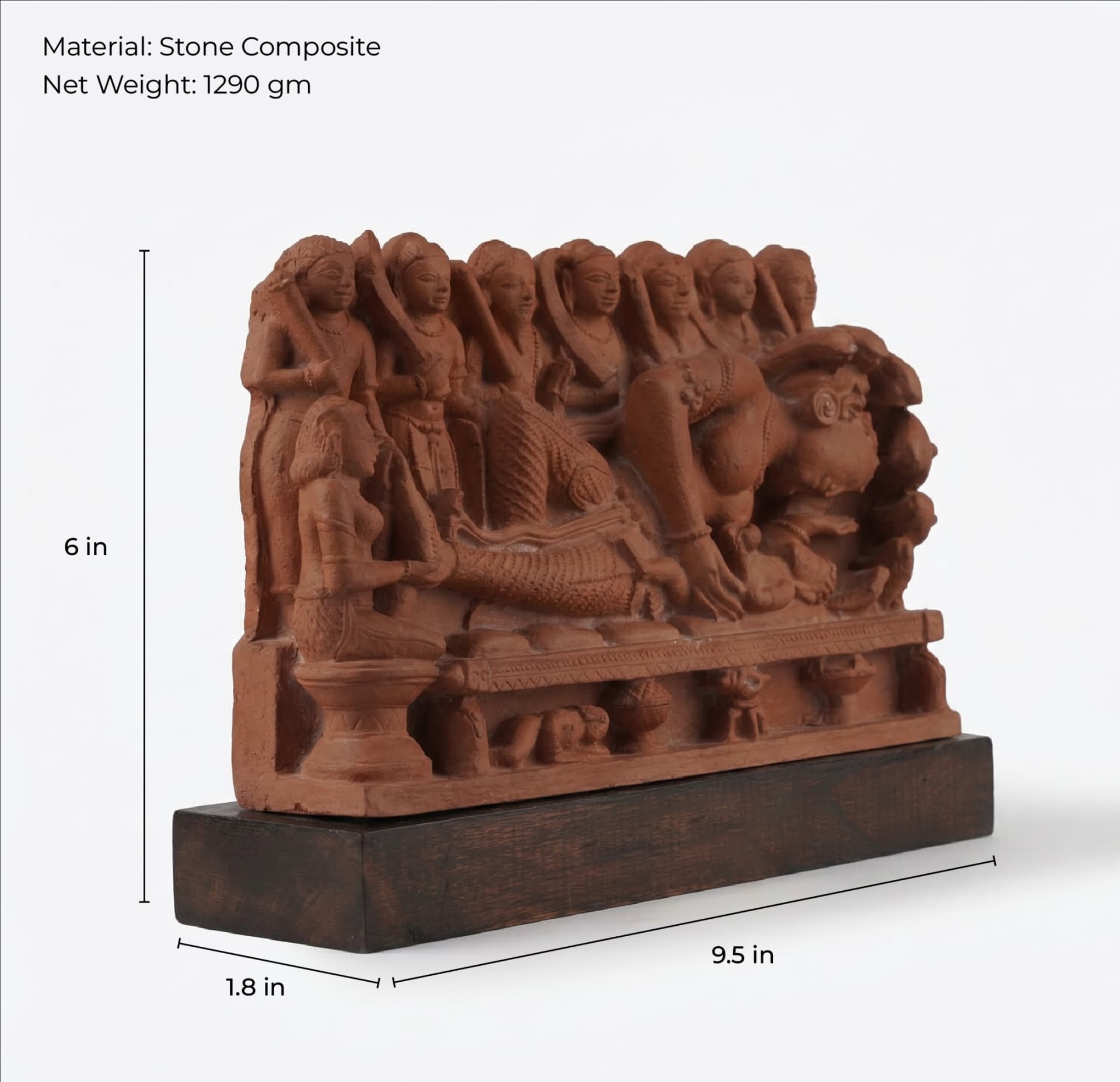 A three-quarter view of the Krishna's Birth Sculpture, a stone composite replica showing Devaki with guards in a temple art style.
