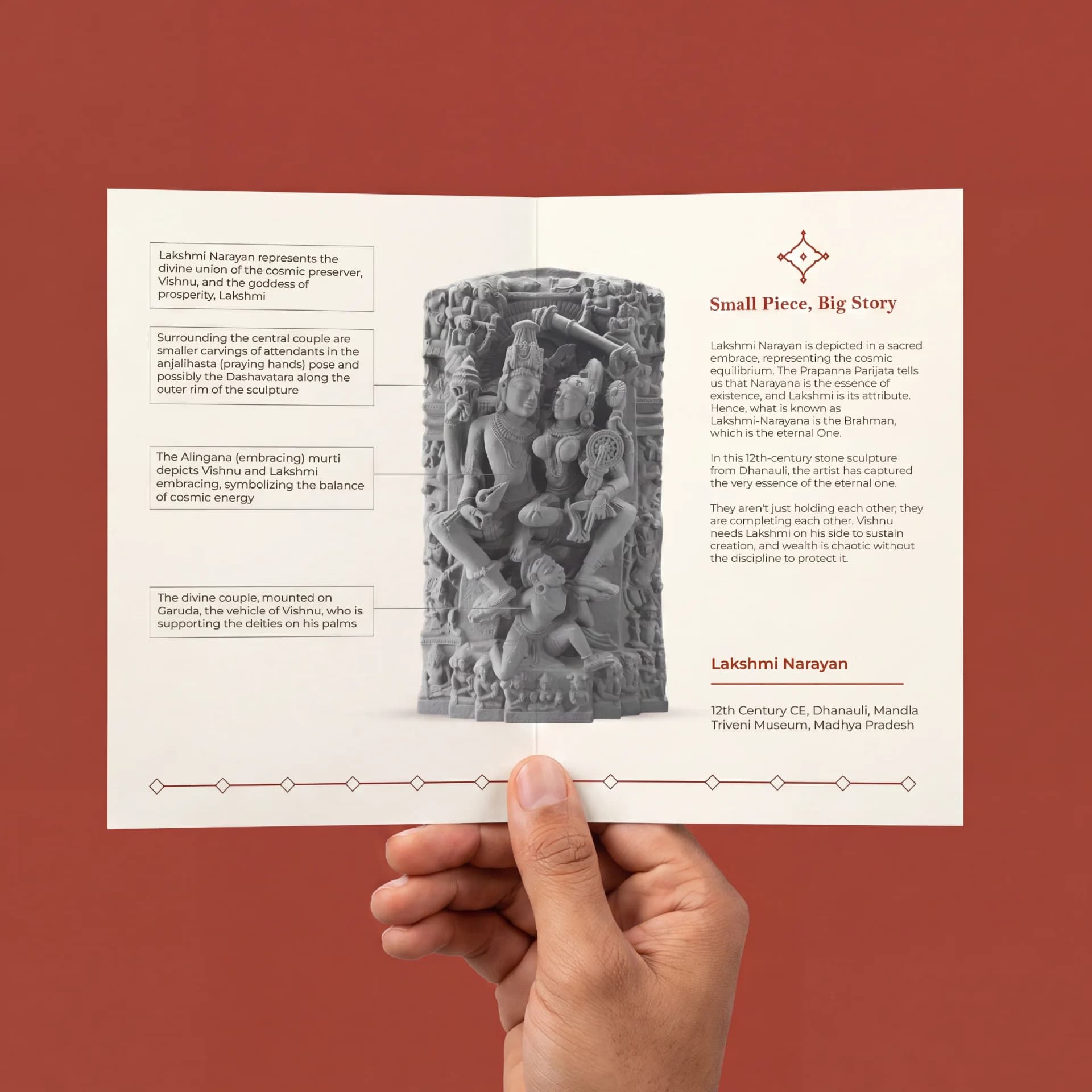 A hand holds an open brochure featuring the Lakshmi Narayan Sculpture, a detailed stone composite replica with historical annotations.
