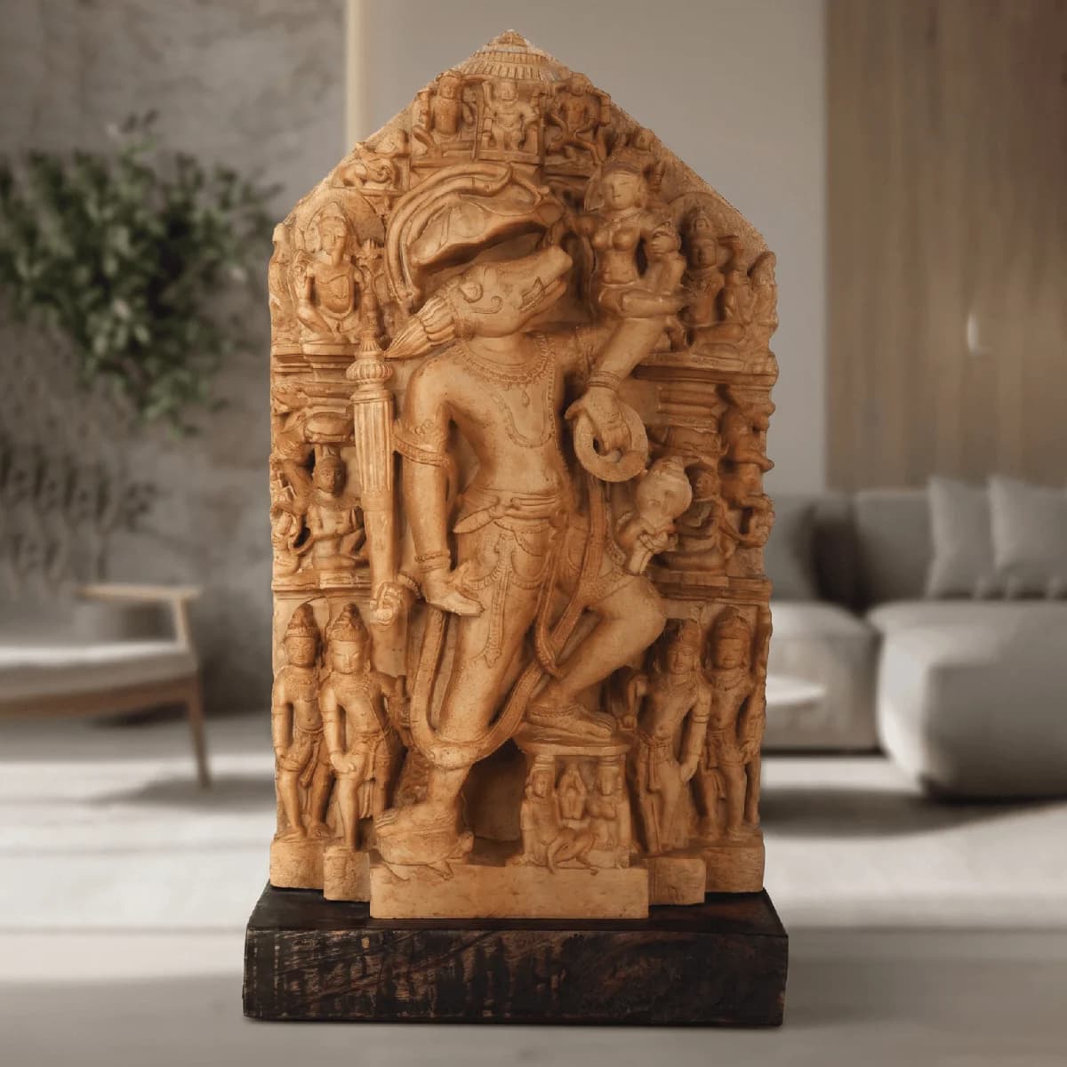A front view of the Nar Varaha Sculpture, a detailed stone composite replica featuring the man-boar deity in a temple setting.