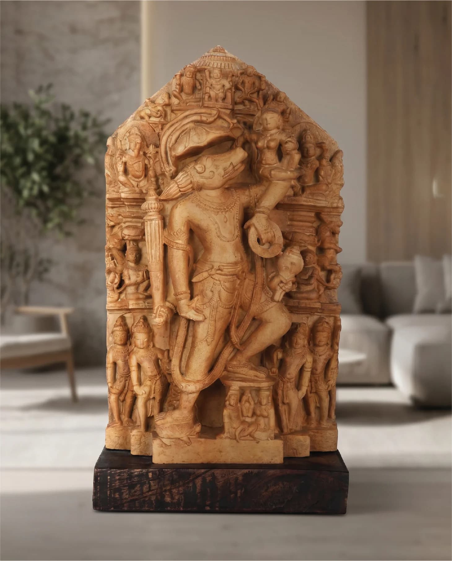 A full front view of the Nar Varaha Sculpture, a hand-finished stone composite replica featuring intricate temple art carvings.