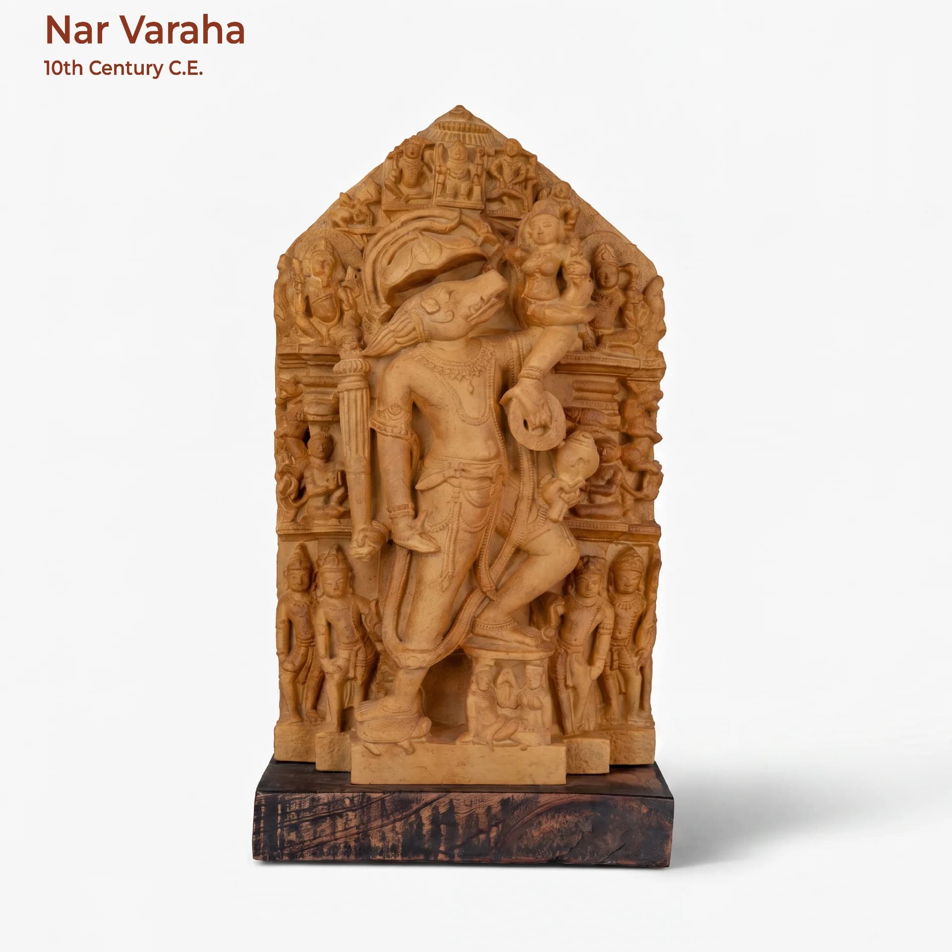 A full front view of the Nar Varaha Sculpture, a hand-finished stone composite replica depicting the Vishnu man-boar avatar.