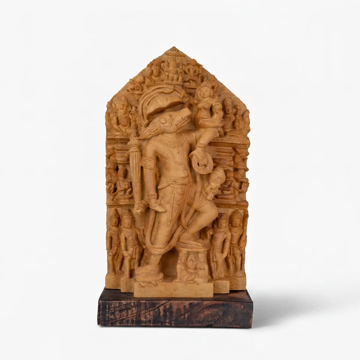 A full front view of the Nar Varaha Sculpture, a detailed stone composite replica showing the man-boar deity rescuing Bhudevi.
