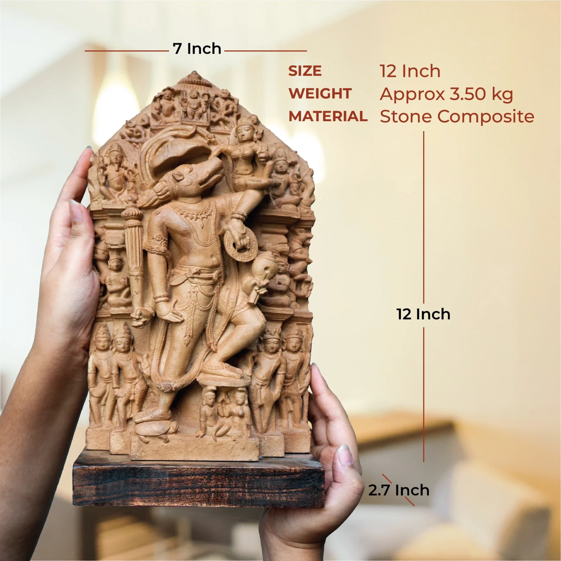 Hands holding a stone composite Nar Varaha Sculpture, showing the detailed man-boar deity carving and physical dimensions.