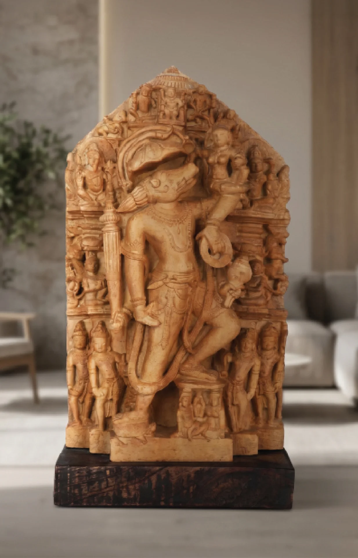 A front-facing view of the Nar Varaha Sculpture, a detailed stone composite replica showing the man-boar deity in a temple setting.