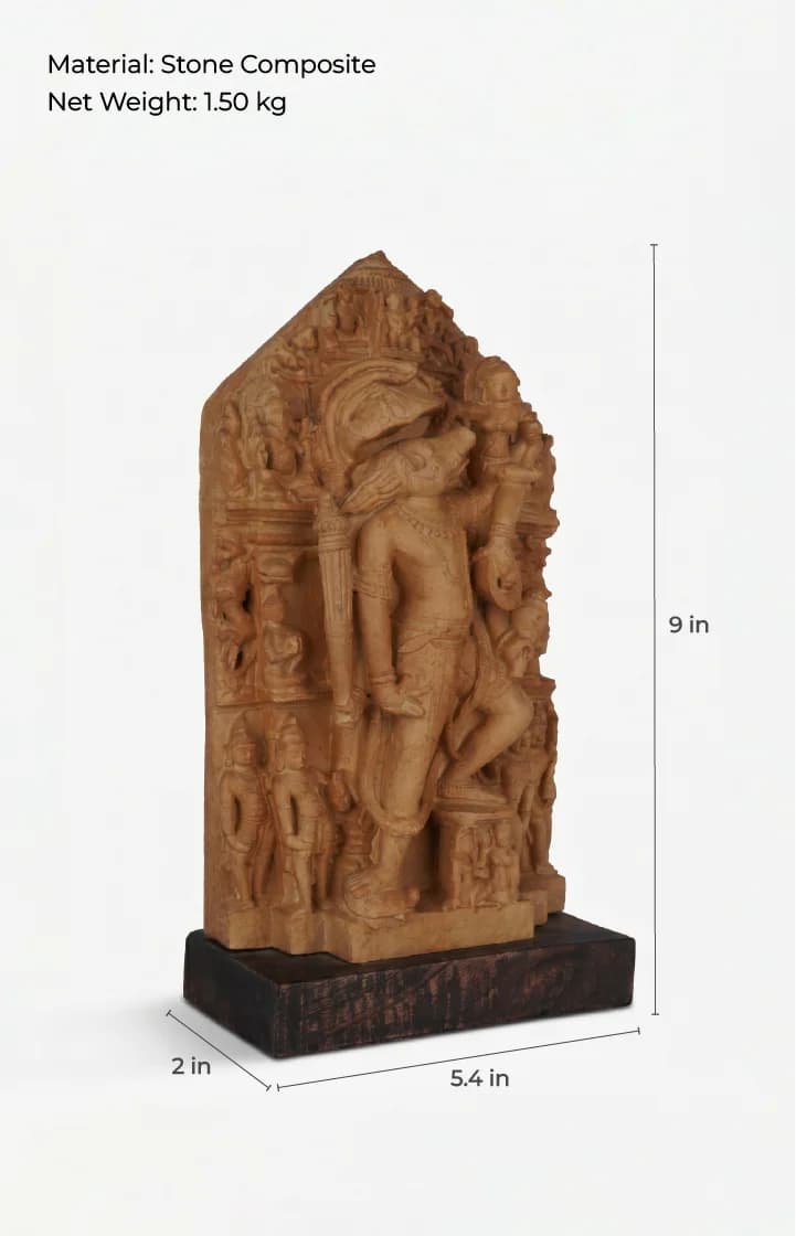 A three-quarter view of the Nar Varaha Sculpture, a stone composite replica showing detailed temple art dimensions.