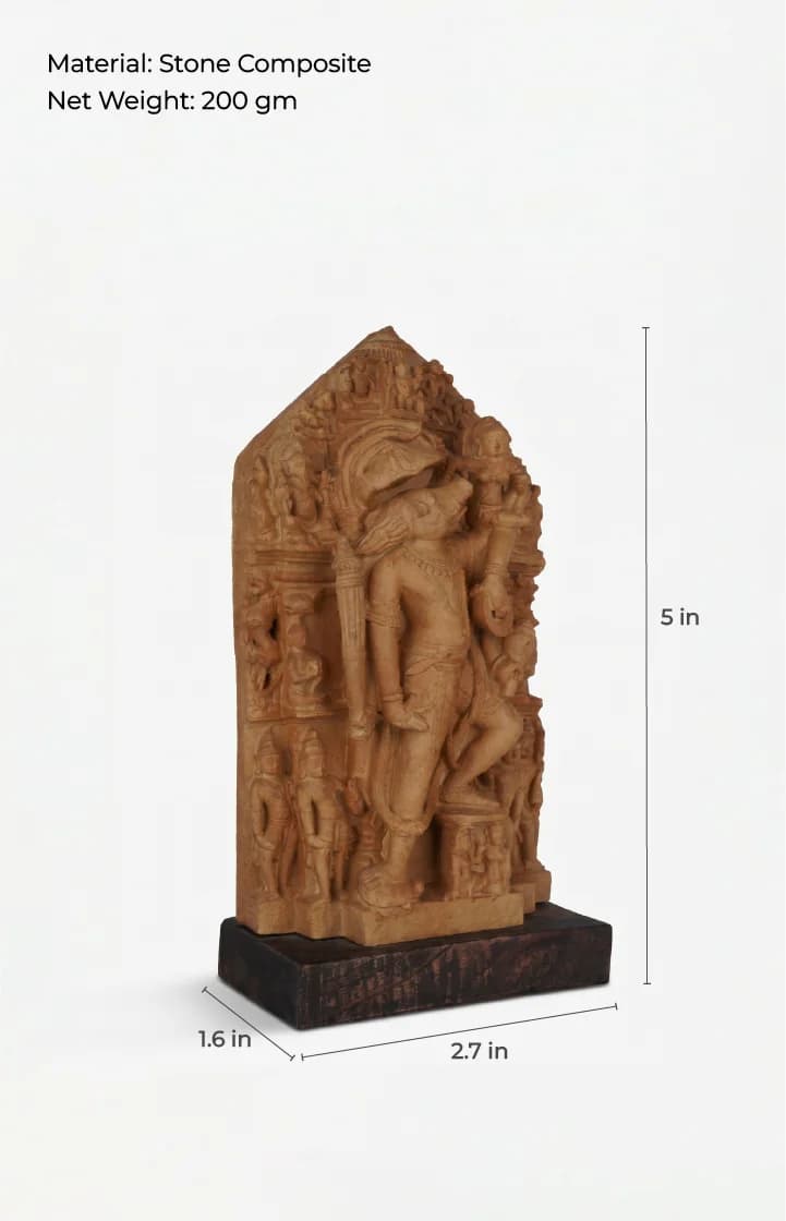 A three-quarter view of the Nar Varaha Sculpture, a detailed stone composite replica showing the man-boar deity with dimensions.