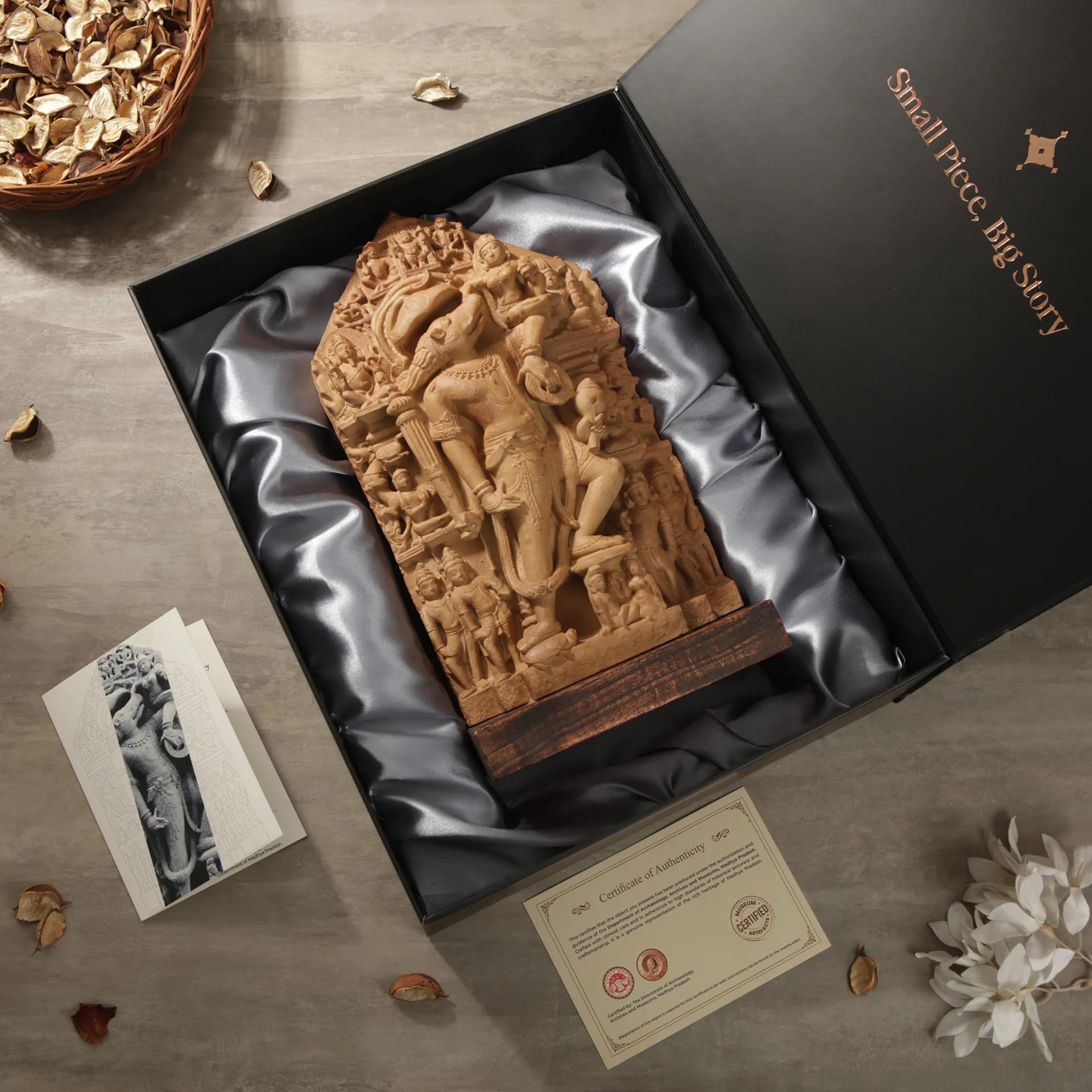 The Nar Varaha Sculpture stone composite replica rests inside a premium black gift box with a certificate of authenticity.