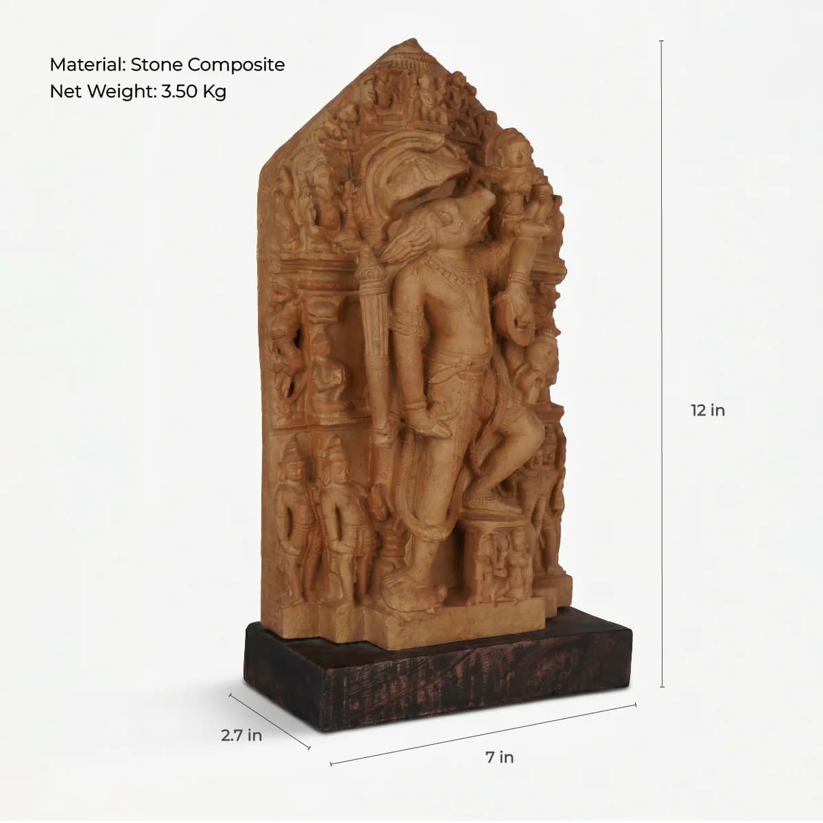A three-quarter view of the Nar Varaha Sculpture, a hand-finished stone composite replica showing intricate temple art details.
