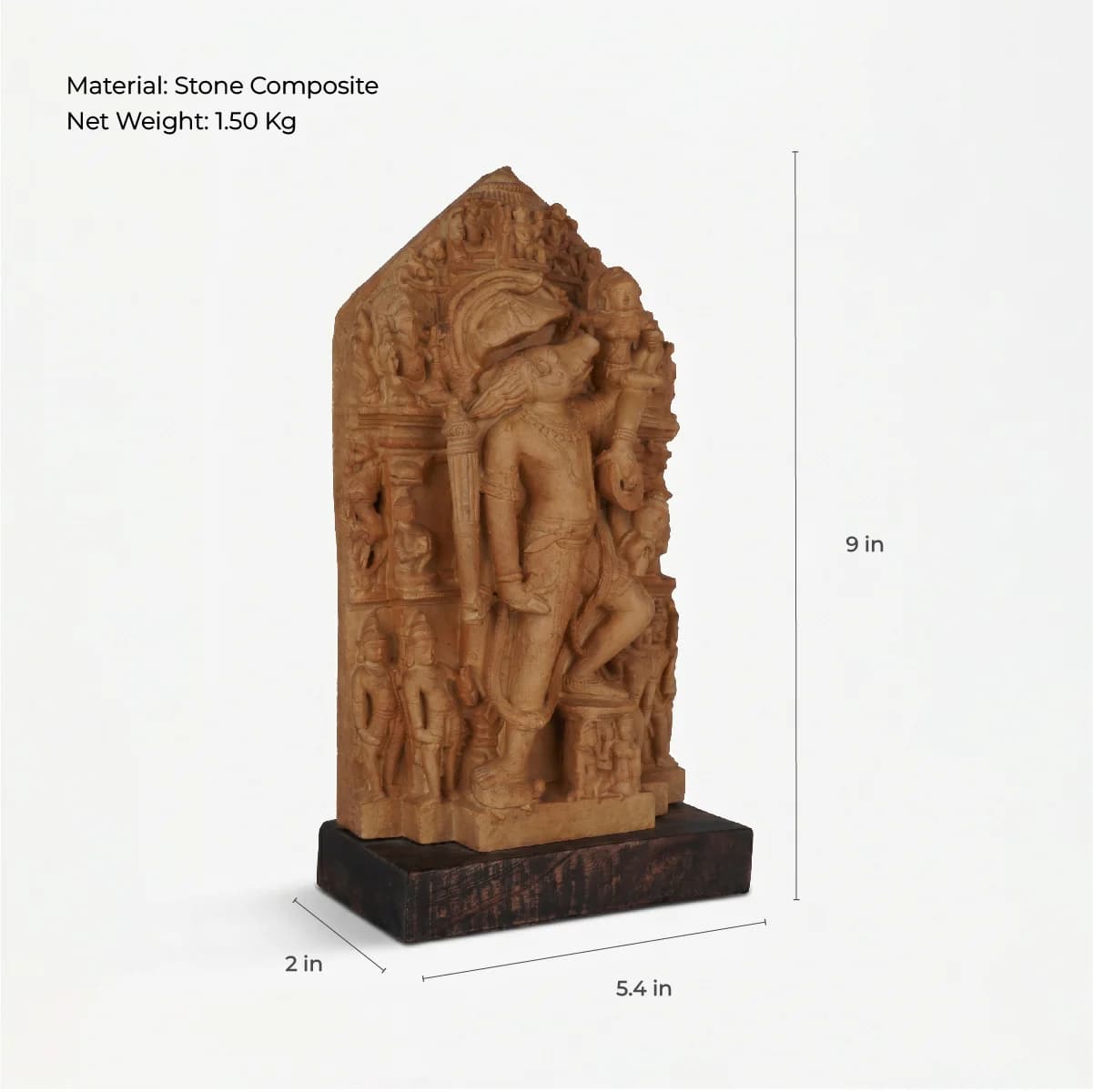 A three-quarter view of the Nar Varaha Sculpture, a hand-finished stone composite replica showing detailed temple art dimensions.