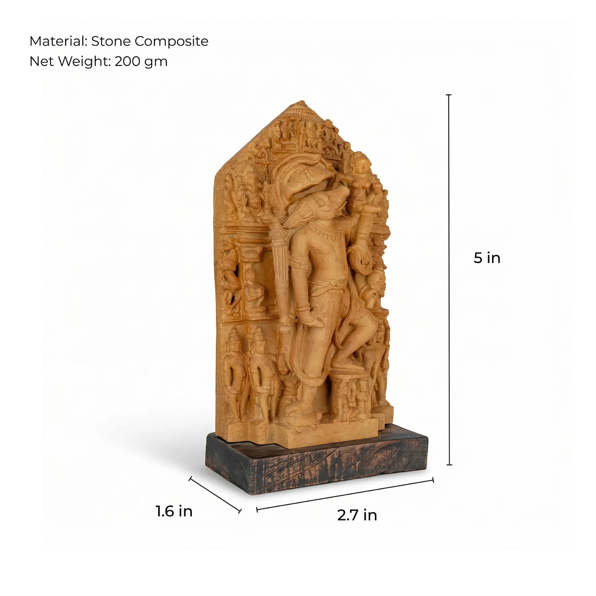 A three-quarter view of the Nar Varaha Sculpture, a hand-finished stone composite replica showing detailed temple art dimensions.
