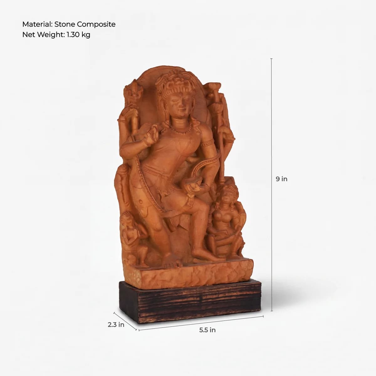 A front-facing view of the Natesh Shiva Sculpture, a stone composite museum replica showing dimensions against a white background.