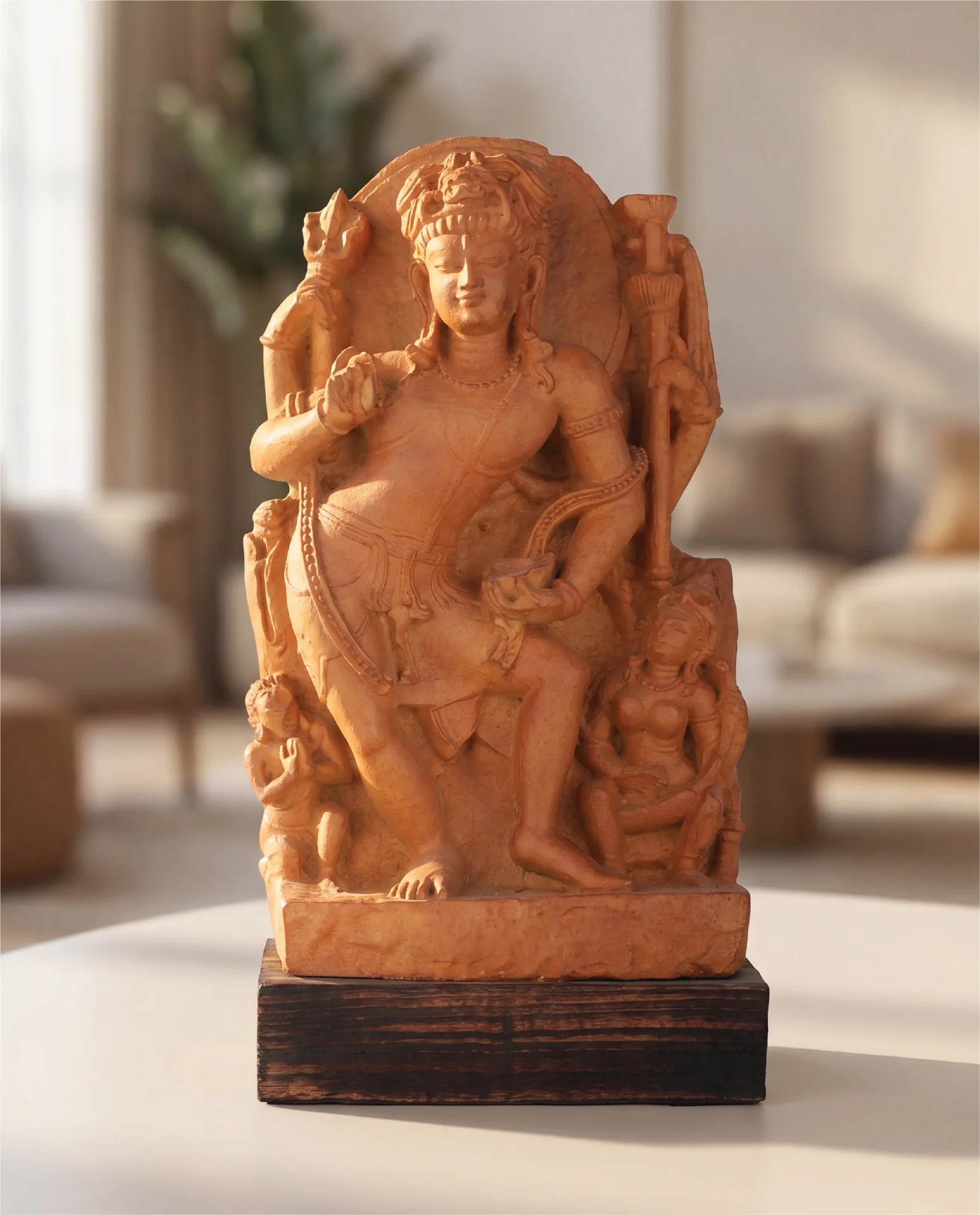 A front-facing view of the Natesh Shiva Sculpture, a hand-finished stone composite replica featuring intricate dancing deity details.
