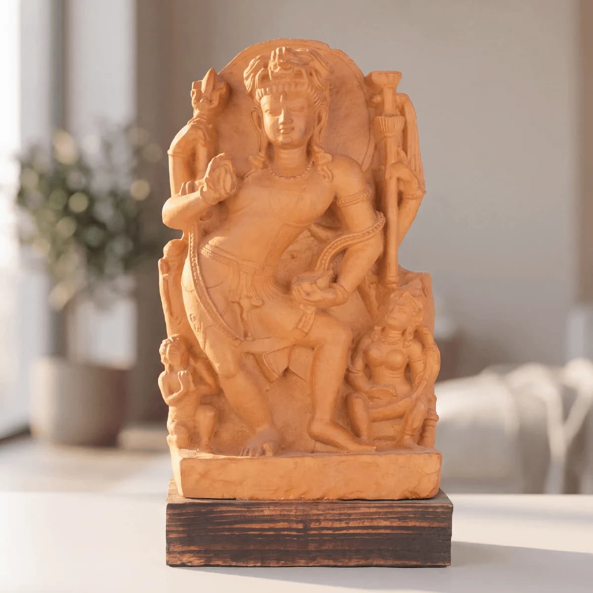 A front-facing view of the Natesh Shiva Sculpture, a hand-finished stone composite replica showcasing intricate 8th-century dancing deity details.