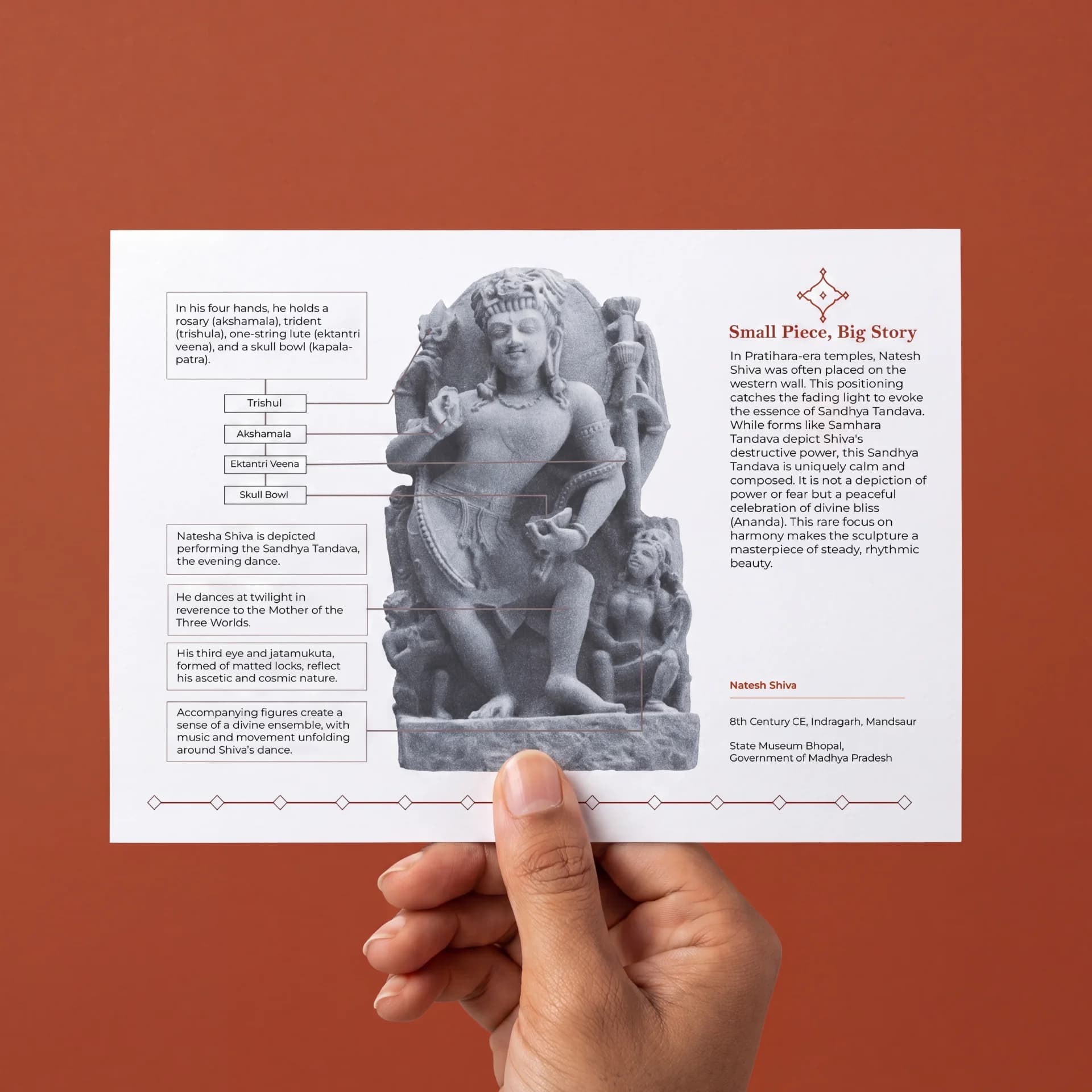 A hand holds an informational card featuring the Natesh Shiva Sculpture with detailed annotations explaining the stone composite replica's iconography.