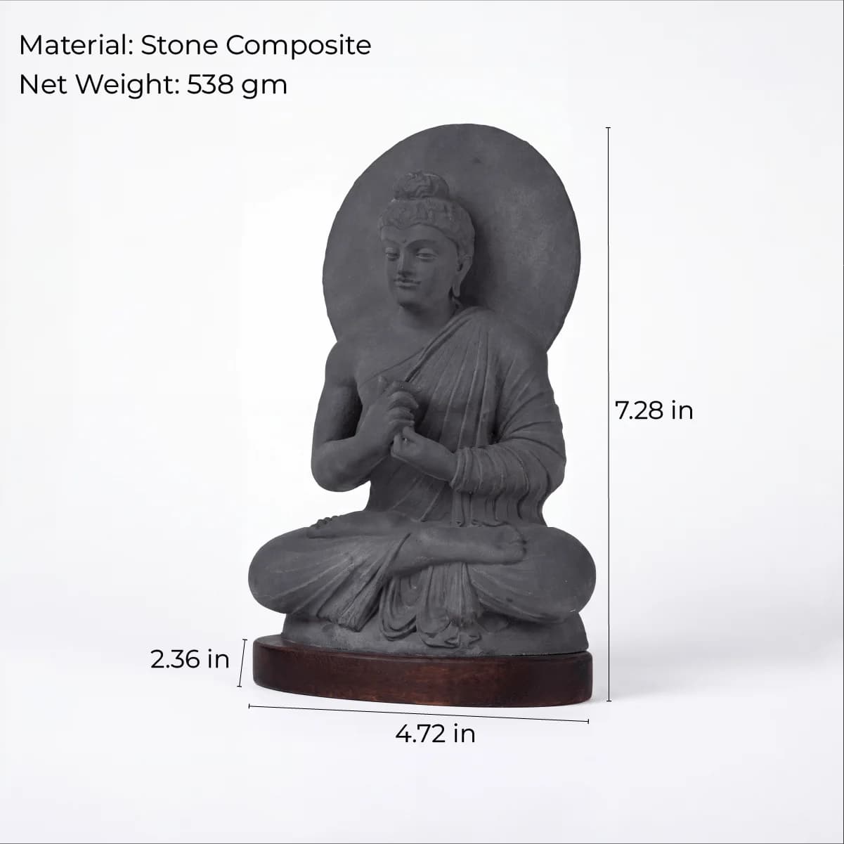 A front view of the Preaching Buddha stone composite statue shown with height and width measurement lines.
