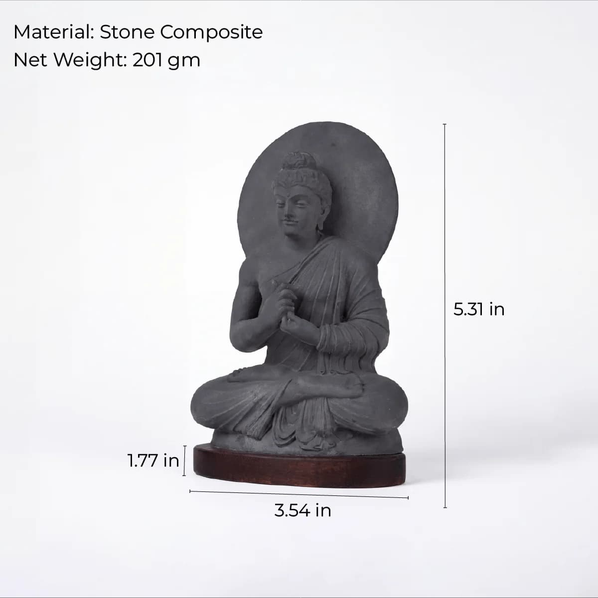 A front view of the Preaching Buddha stone composite replica showing precise height and width dimensions.