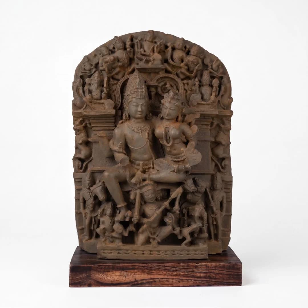 A full-front view of the Ravananugraha Sculpture, a hand-finished stone composite replica depicting Shiva and Parvati seated together.