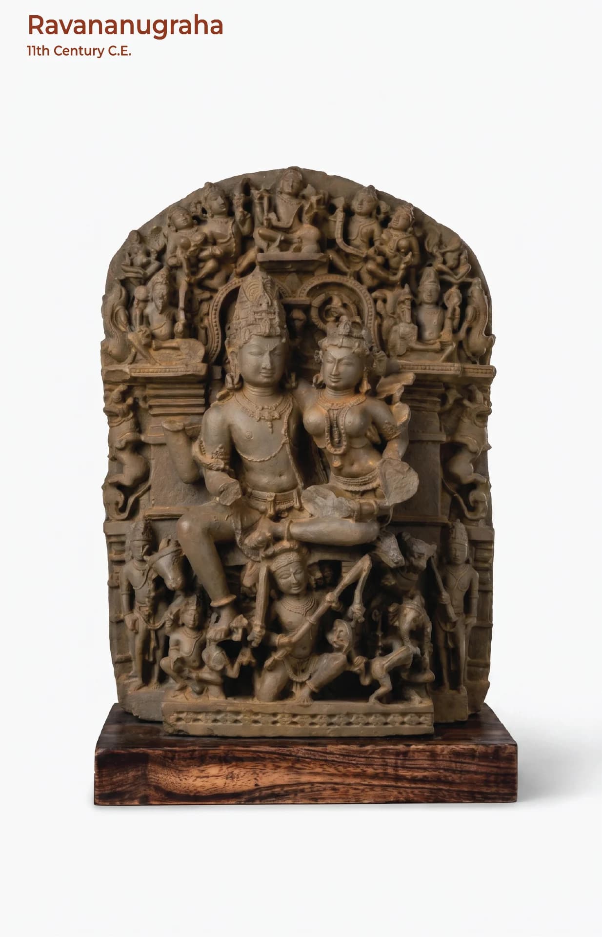 A full front view of the Ravananugraha Sculpture, a hand-finished stone composite replica featuring intricate temple art carvings.