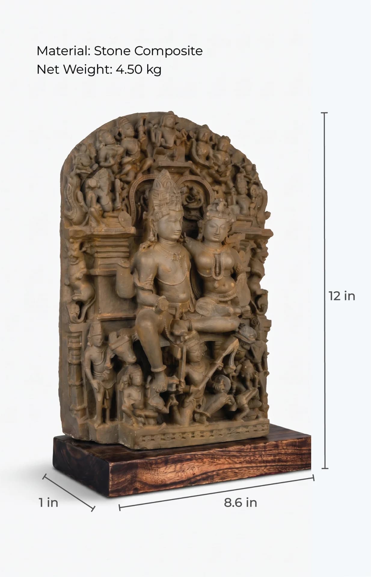 A three-quarter view of the Ravananugraha Sculpture, a hand-finished stone composite replica featuring detailed carvings of Shiva and Parvati.