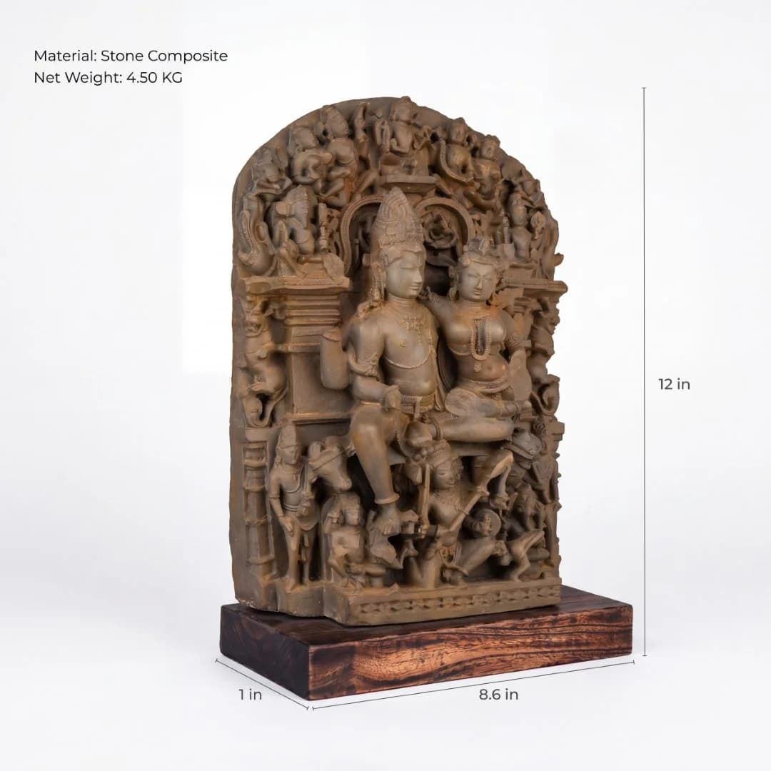 A three-quarter view of the Ravananugraha Sculpture, a hand-finished stone composite museum replica showing Shiva and Parvati seated together.