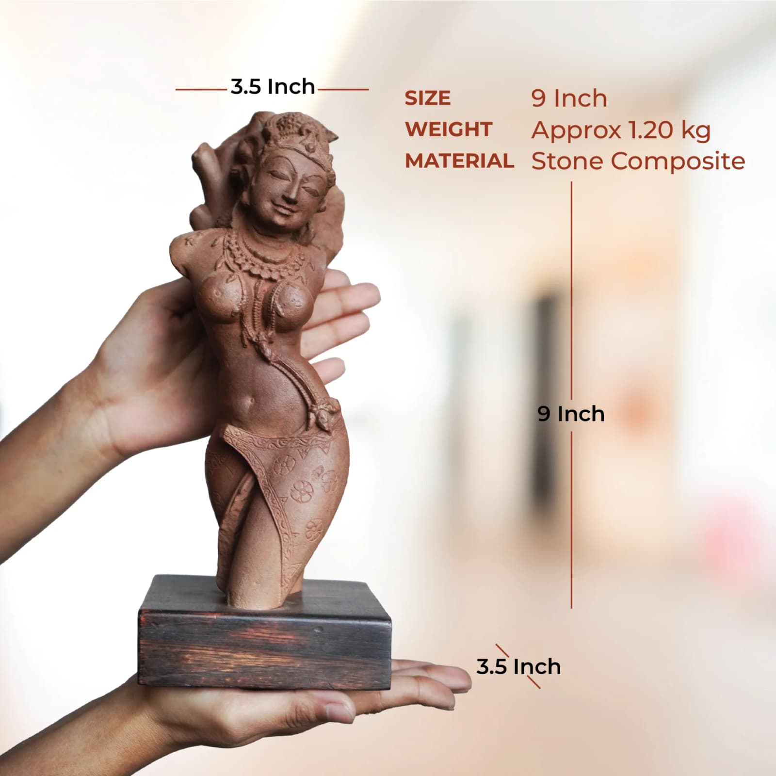 A person holds the Salabhanjika Sculpture, a stone composite replica, showing its scale with dimension labels for height and width.
