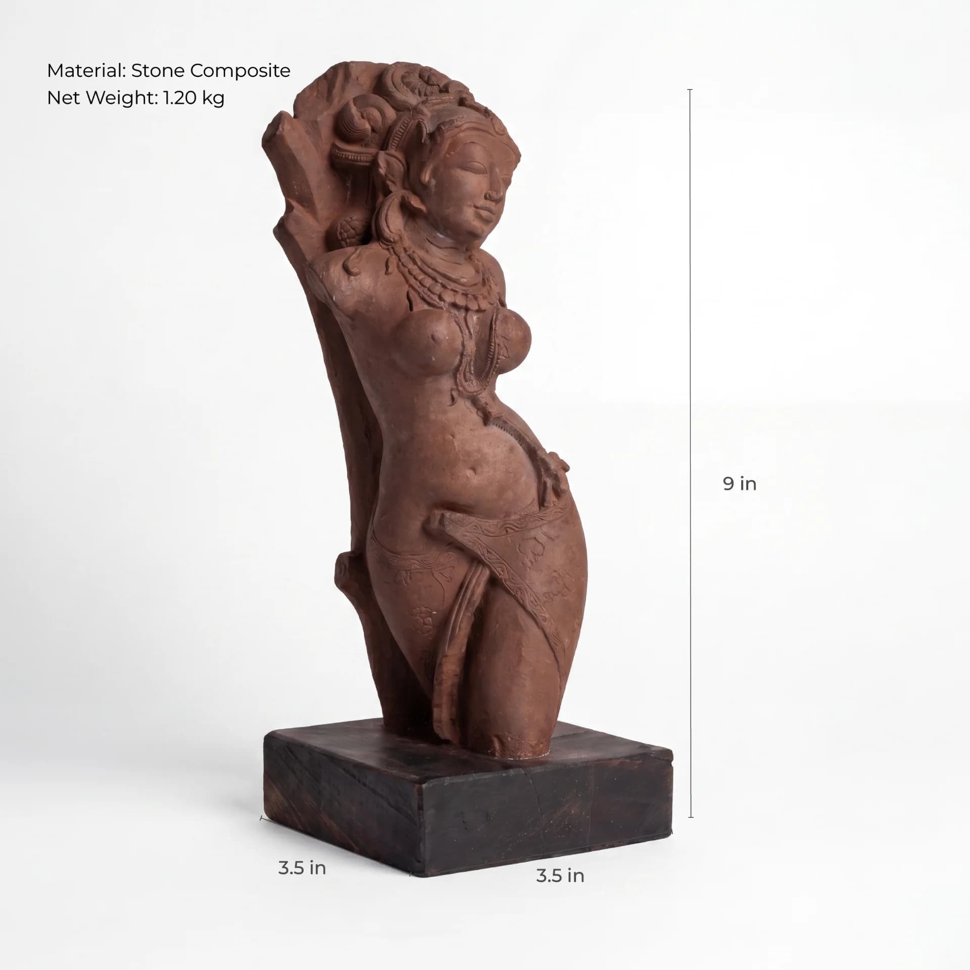 A three-quarter view of the Salabhanjika Sculpture, a stone composite museum replica showing height and base dimensions.