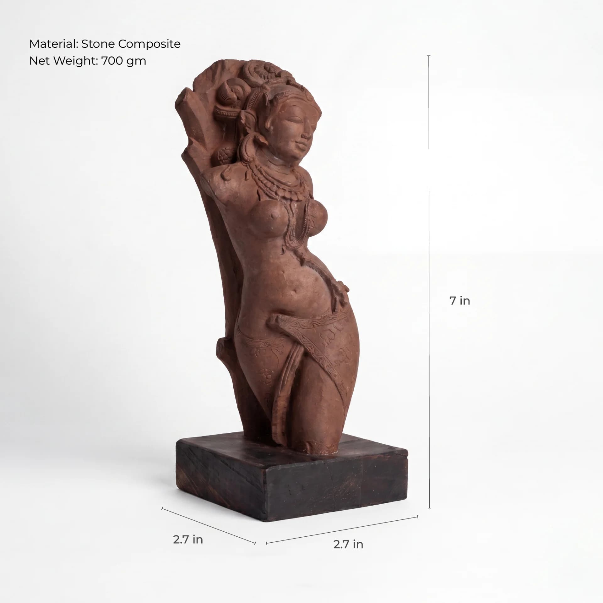 A three-quarter view of the Salabhanjika Sculpture, a stone composite museum replica showing height and width dimensions.