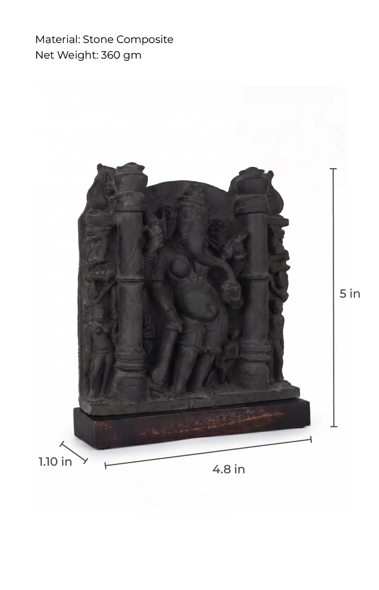 A three-quarter view of the Vinayaki Sculpture museum replica, showing intricate stone composite carving details and physical dimensions.