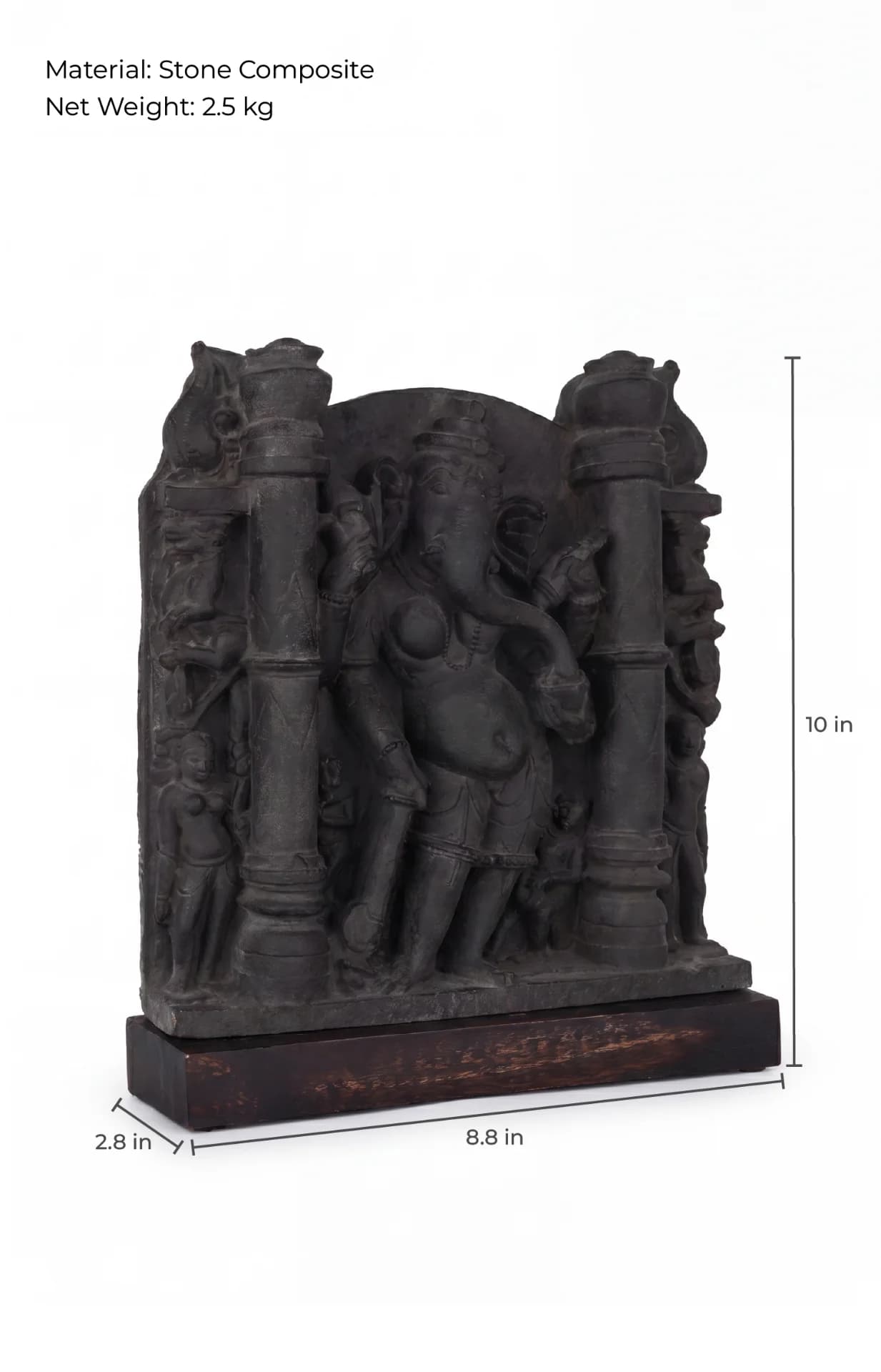 A three-quarter view of the Vinayaki Sculpture stone composite replica, showing its dimensions against a plain white background.
