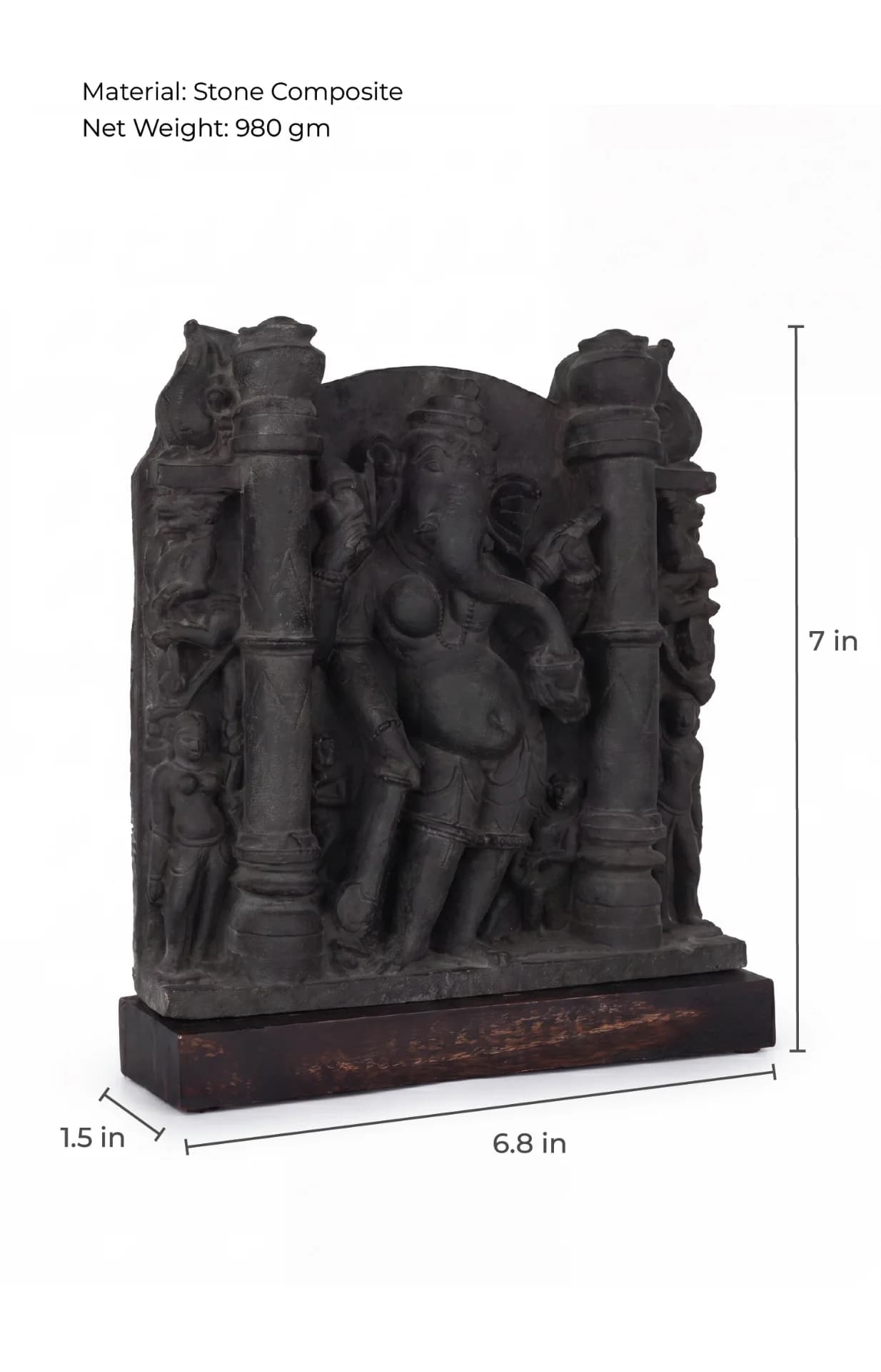 A three-quarter view of the Vinayaki Sculpture museum replica, showing stone composite texture and annotated height, width, and depth measurements.